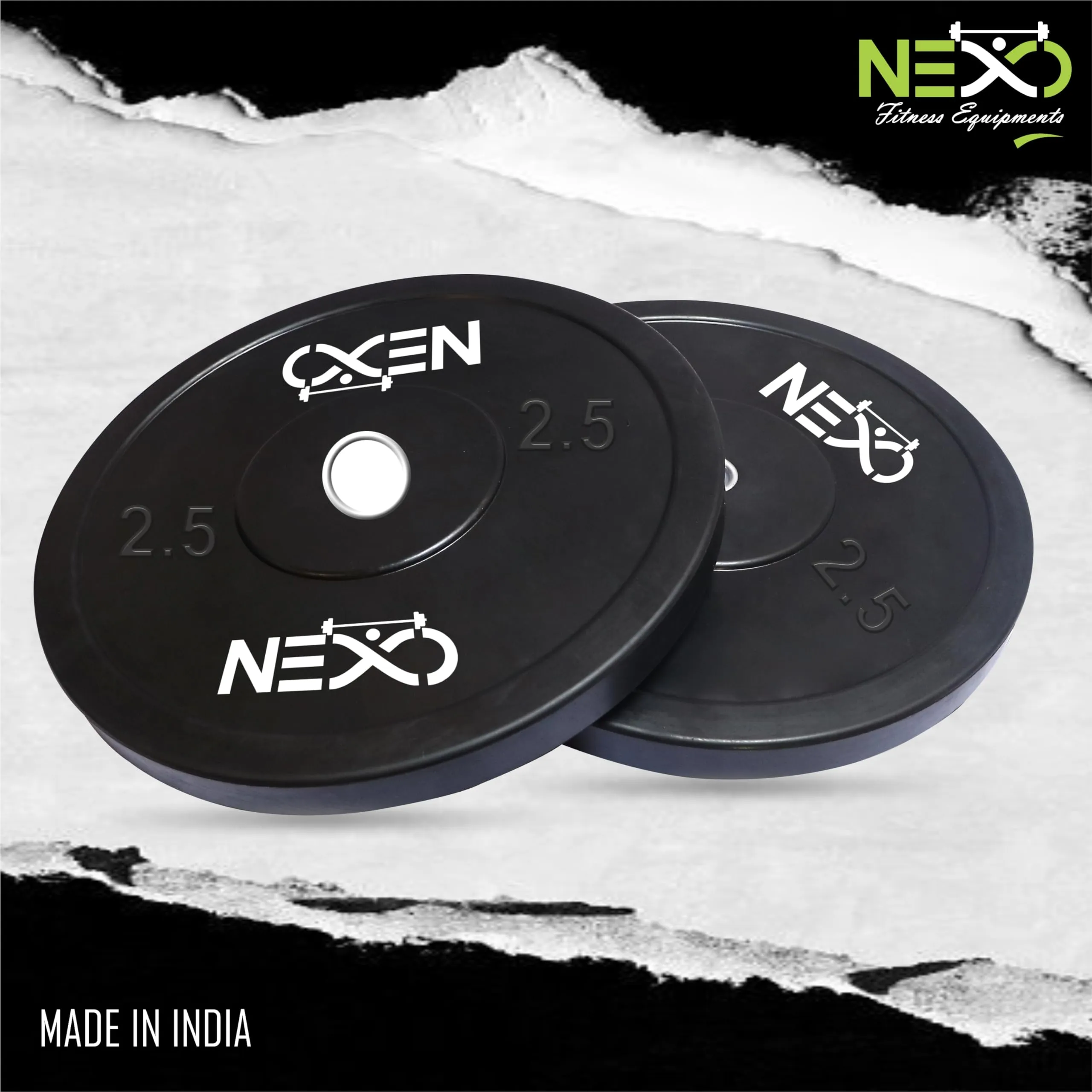 NEXO Black Olympic Professional Bumper Exercise Rubber Plates | Gym Weight Dumbbell Plates | Home gym equipment for Men & Women | 50mm Olympic Barbell | 5kg set of 2 Plates (2.5kg x 2)