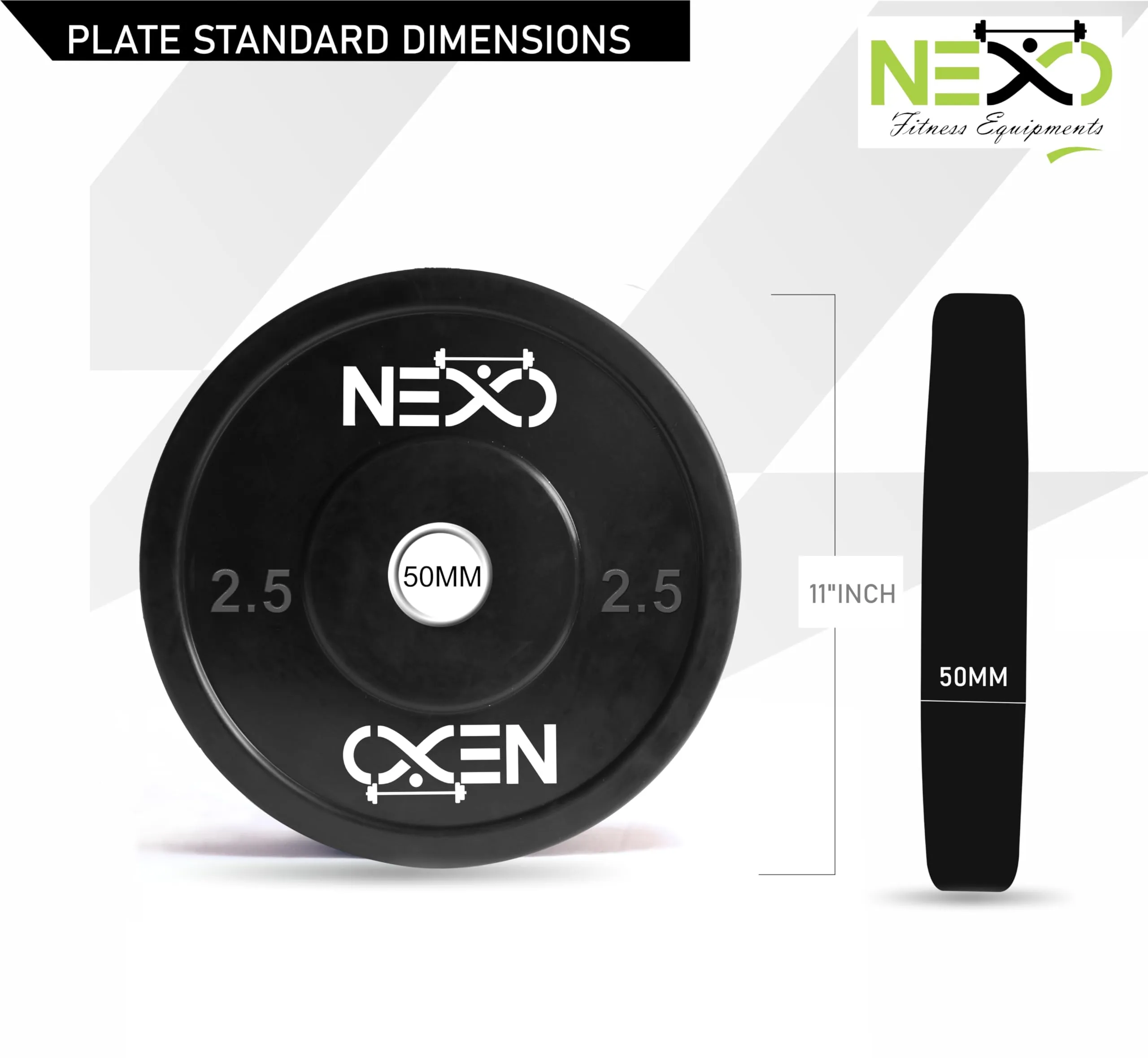 NEXO Black Olympic Professional Bumper Exercise Rubber Plates | Gym Weight Dumbbell Plates | Home gym equipment for Men & Women | 50mm Olympic Barbell | 5kg set of 2 Plates (2.5kg x 2)