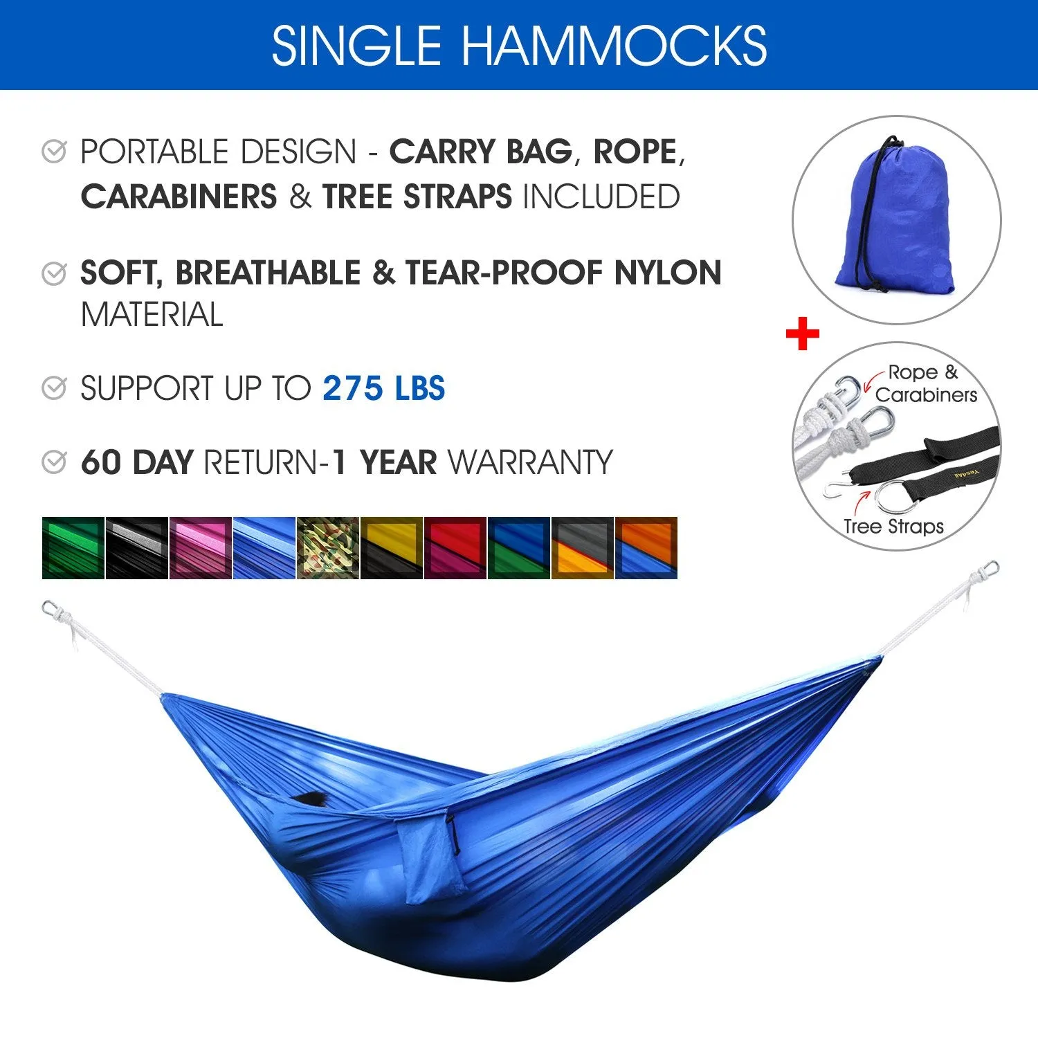 Nylon Parachute Single Camping Hammock with Strap & Carry Bag - Yes4All