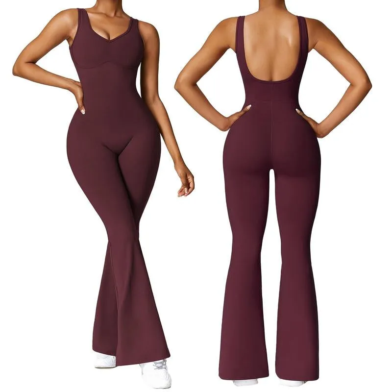 OEAK Women'S Hollow U Back Yoga Long Jumpsuit Square Neck Sleeveless Solid Color Training Fitness Casual Dancing Pants