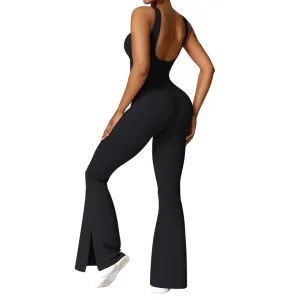 OEAK Women'S Hollow U Back Yoga Long Jumpsuit Square Neck Sleeveless Solid Color Training Fitness Casual Dancing Pants