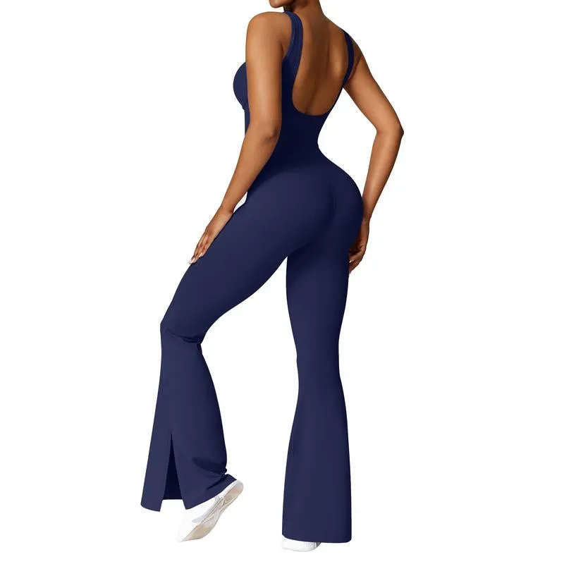 OEAK Women'S Hollow U Back Yoga Long Jumpsuit Square Neck Sleeveless Solid Color Training Fitness Casual Dancing Pants