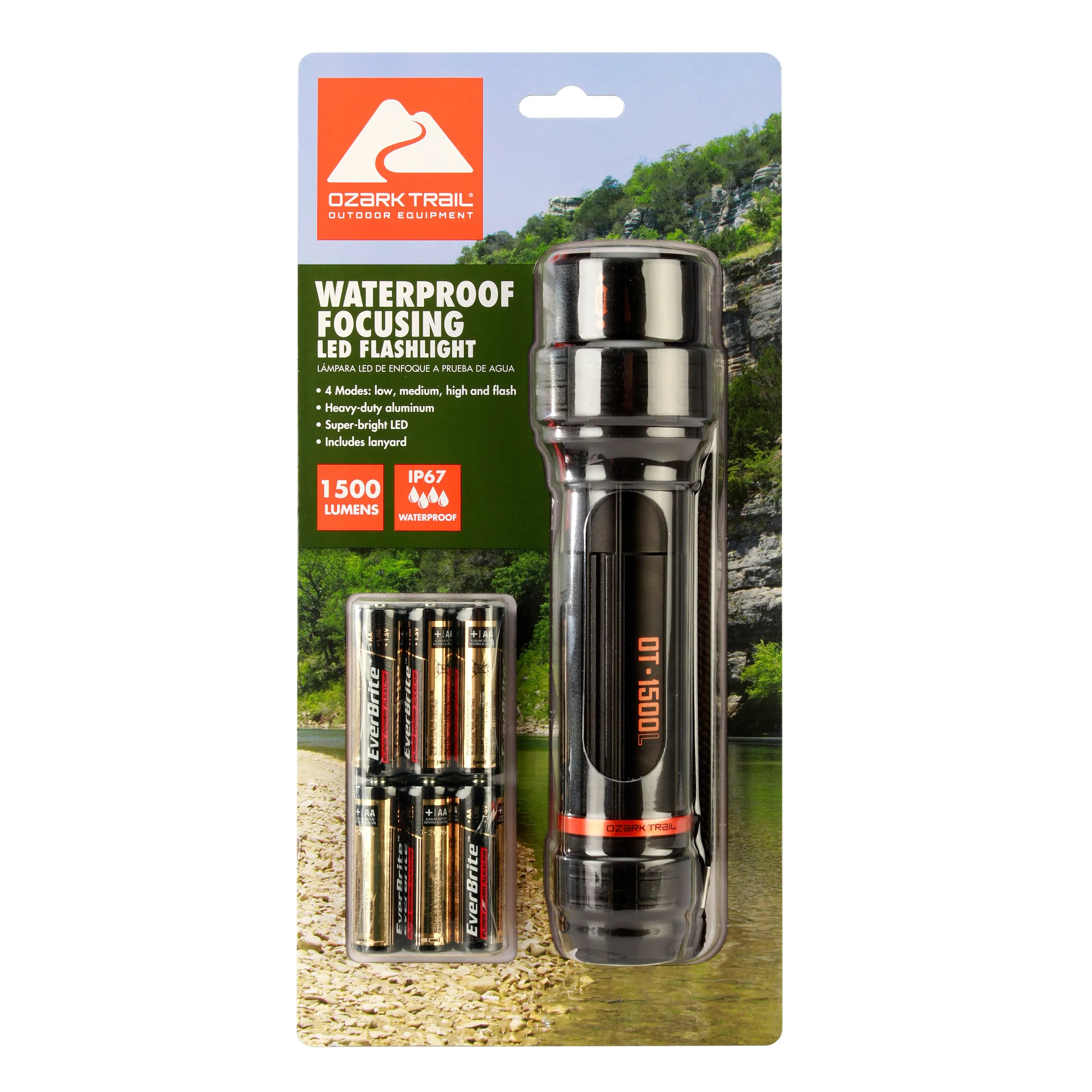 Ozark Trail 1500 Lumen Focusing Flashlight, IP67 Waterproof, Black