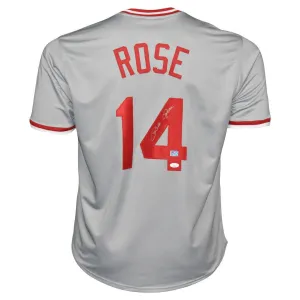 Pete Rose Signed Cincinnati Pro Style Grey Baseball Jersey (Fiterman and JSA)