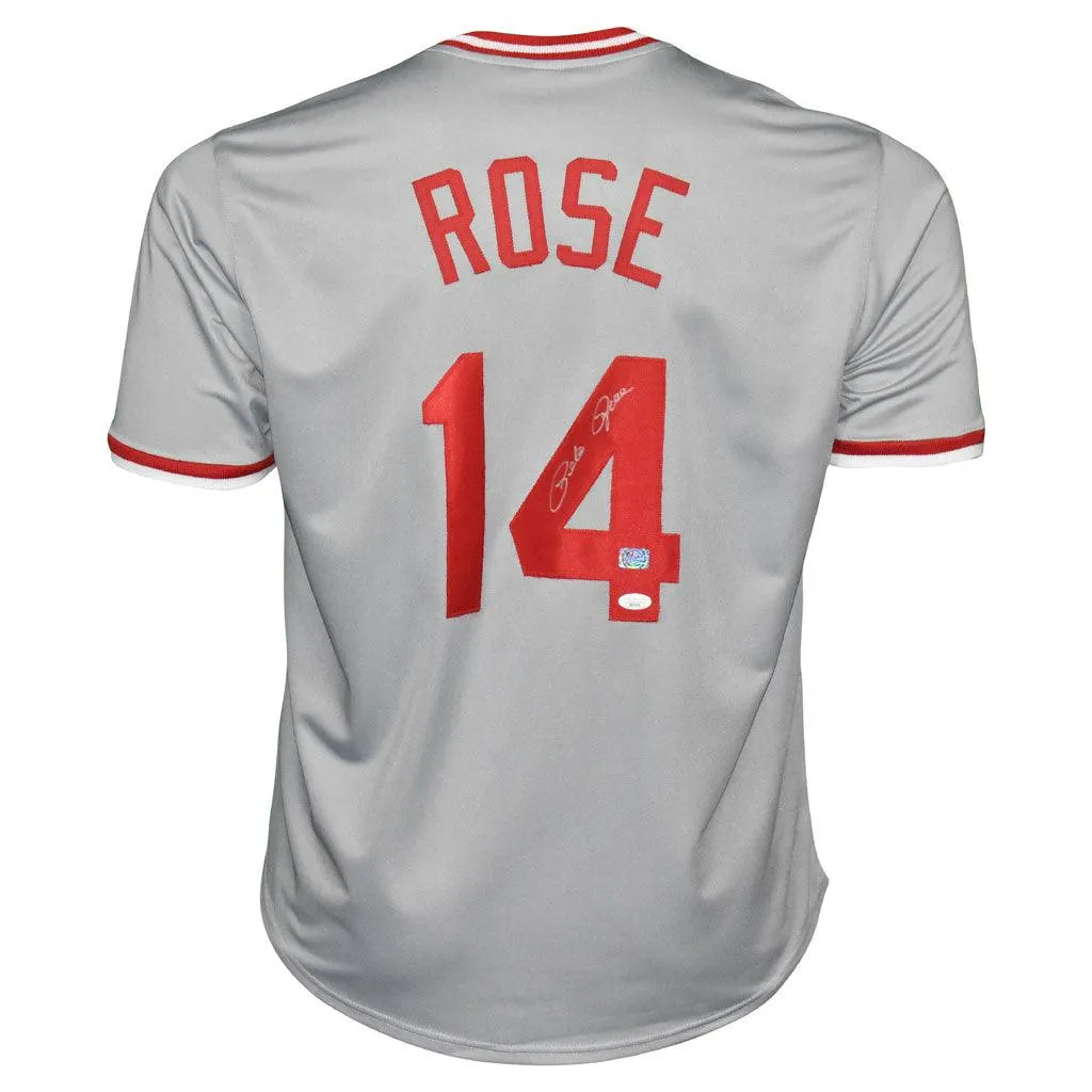 Pete Rose Signed Cincinnati Pro Style Grey Baseball Jersey (Fiterman and JSA)