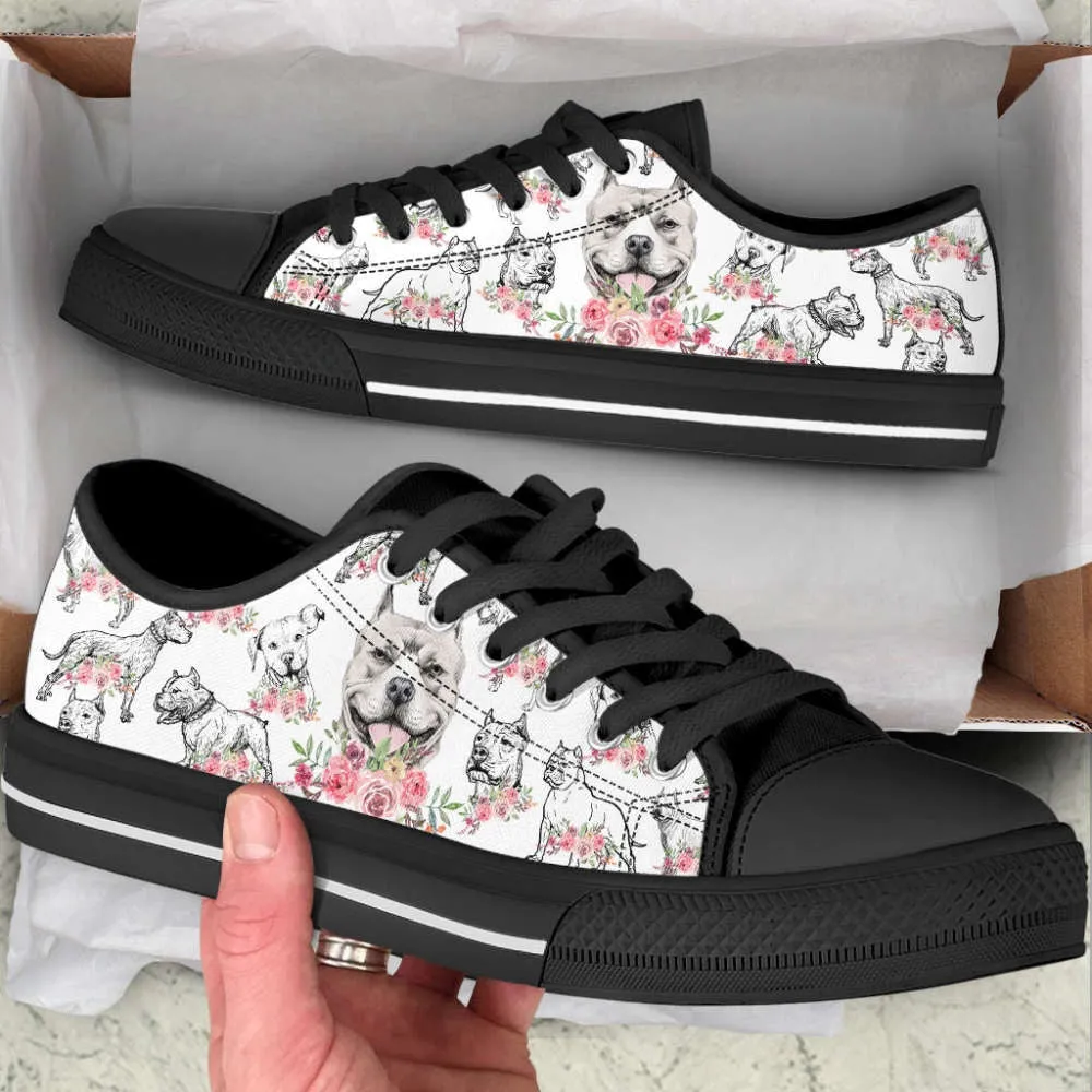 Pitbull Dog Watercolor Flower Low Top Shoes Canvas Sneakers, Dog Printed Shoes, Canvas Shoes For Men, Women