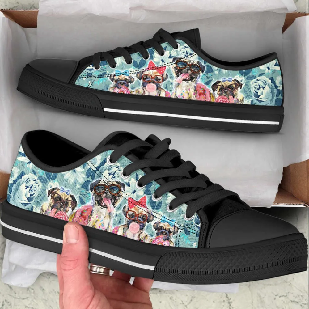 Pug Dog Flowers Low Top Shoes Canvas Sneakers Casual Shoes, Dog Printed Shoes, Canvas Shoes For Men, Women