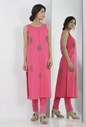 Raisa Pink Floral Motif Hand-Block Printed Kota Straight Fit Sleeveless Kota Kurta