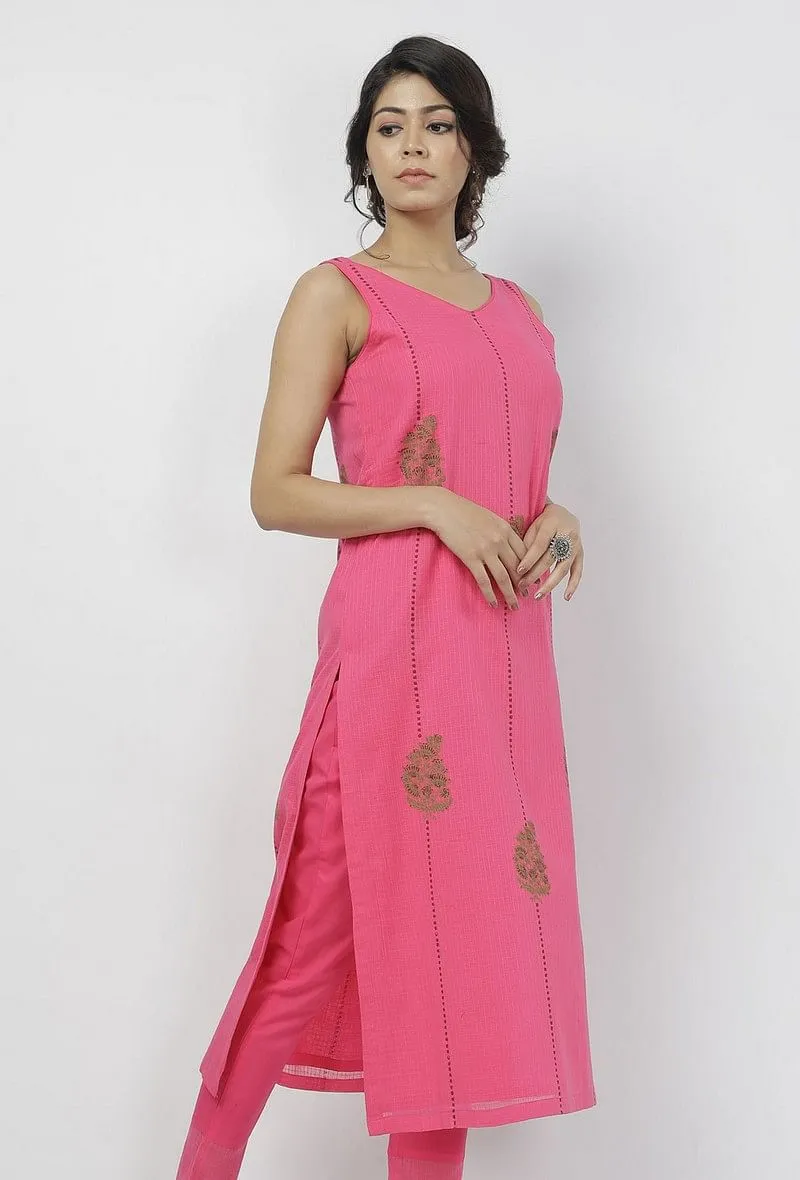 Raisa Pink Floral Motif Hand-Block Printed Kota Straight Fit Sleeveless Kota Kurta