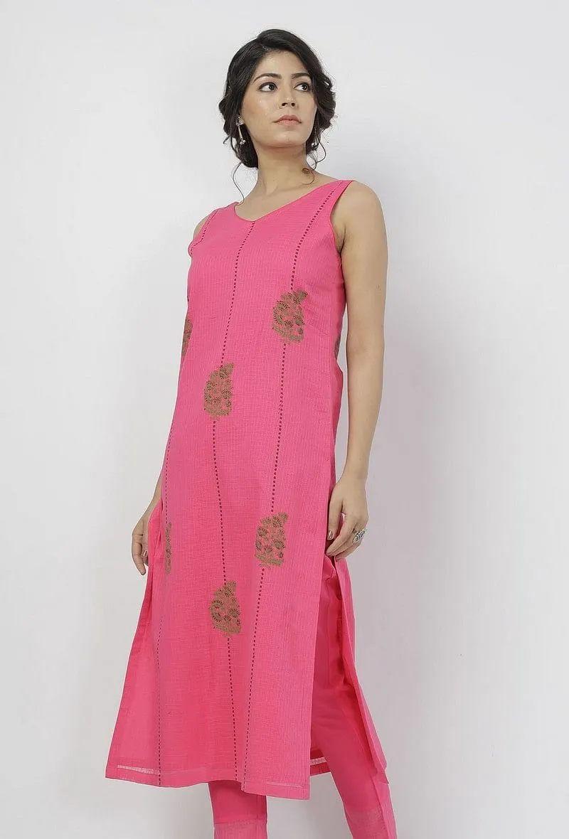 Raisa Pink Floral Motif Hand-Block Printed Kota Straight Fit Sleeveless Kota Kurta