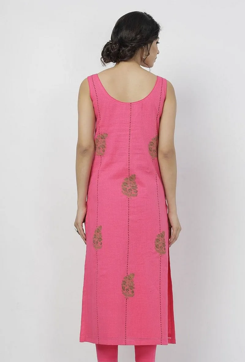 Raisa Pink Floral Motif Hand-Block Printed Kota Straight Fit Sleeveless Kota Kurta