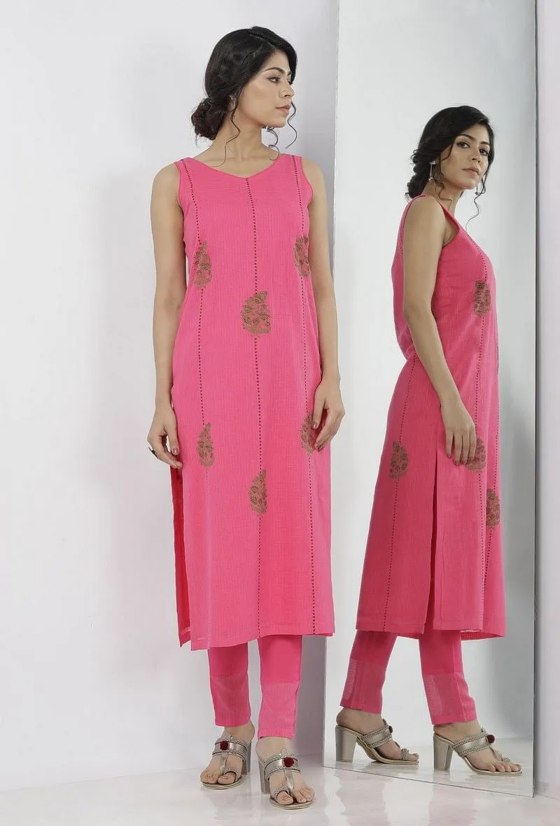 Raisa Pink Floral Motif Hand-Block Printed Kota Straight Fit Sleeveless Kota Kurta