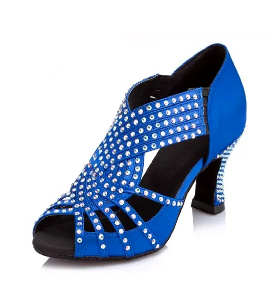 Rhinestone Ballroom Dance Shoes Blue Satin Latin Salsa Dancing Shoes