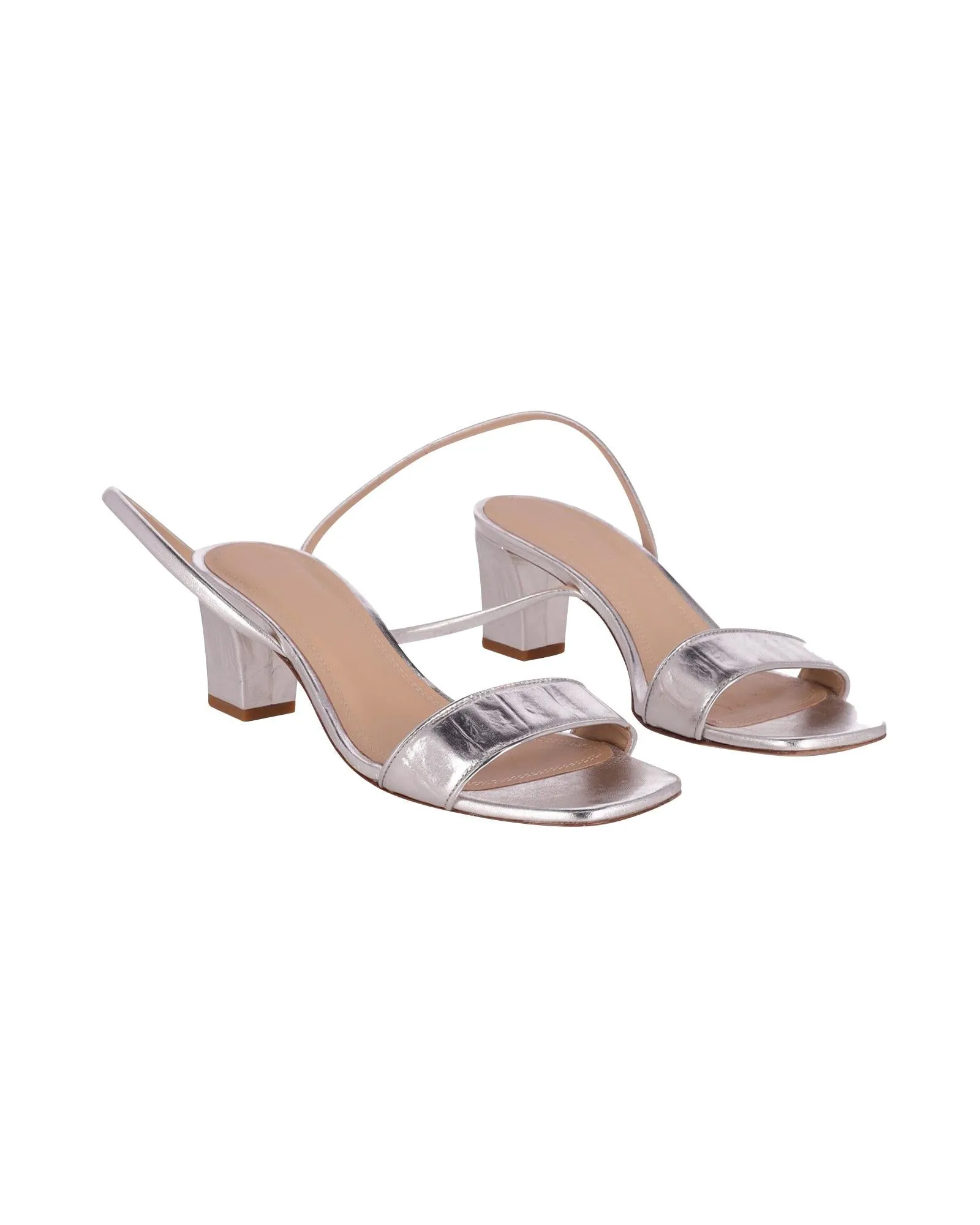 Silver Leather Open Toe Strap Sandals with Mid Block Heels