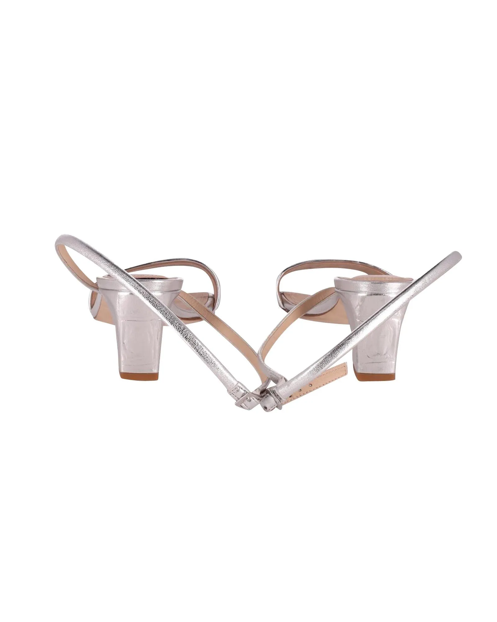 Silver Leather Open Toe Strap Sandals with Mid Block Heels