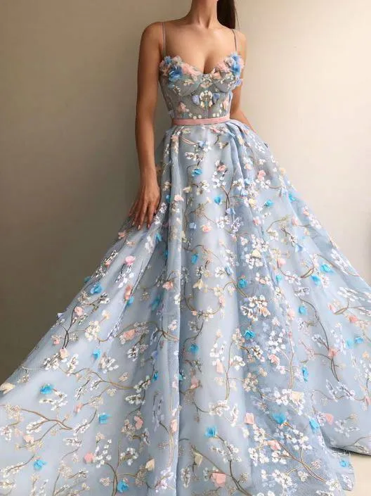 Spaghetti Strap Flower Applique Sky Blue Prom Dresses Evening Dresses PG694