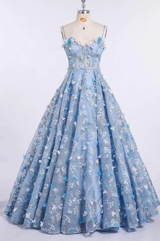 Spaghetti Strap Flower Applique Sky Blue Prom Dresses Evening Dresses PG694