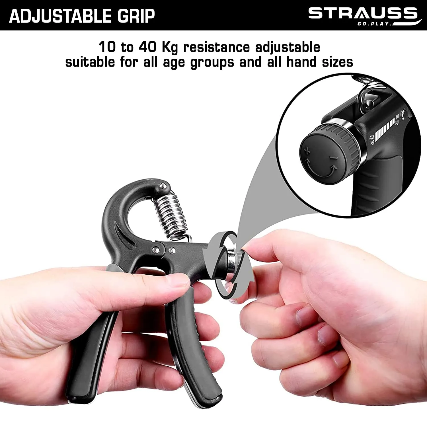 Strauss Adjustable Hand Grip| Adjustable Resistance (10KG - 40KG) | Hand Gripper for Home & Gym Workouts | Perfect for Finger & Forearm Hand Exercises & Strength Building for Men & Women (Black)