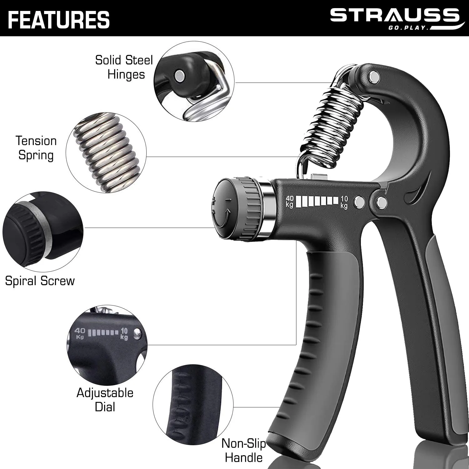 Strauss Adjustable Hand Grip| Adjustable Resistance (10KG - 40KG) | Hand Gripper for Home & Gym Workouts | Perfect for Finger & Forearm Hand Exercises & Strength Building for Men & Women (Black)