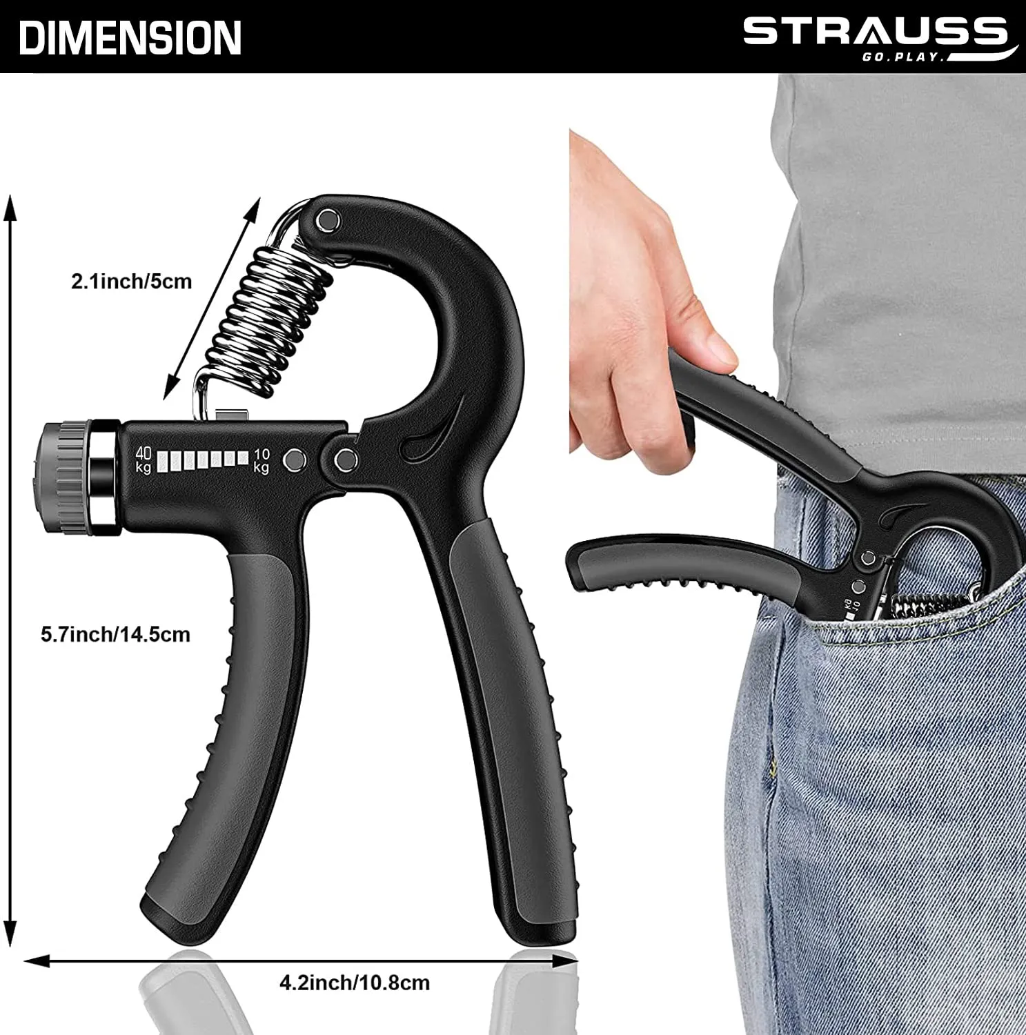 Strauss Adjustable Hand Grip| Adjustable Resistance (10KG - 40KG) | Hand Gripper for Home & Gym Workouts | Perfect for Finger & Forearm Hand Exercises & Strength Building for Men & Women (Black)