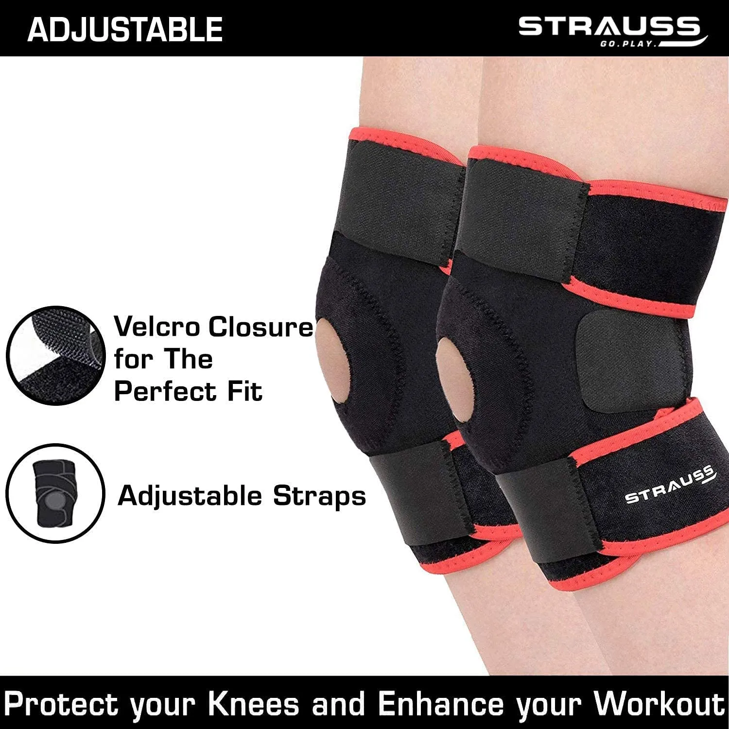 STRAUSS Adjustable Knee Support Patella, Free Size (Black/Red), Pair