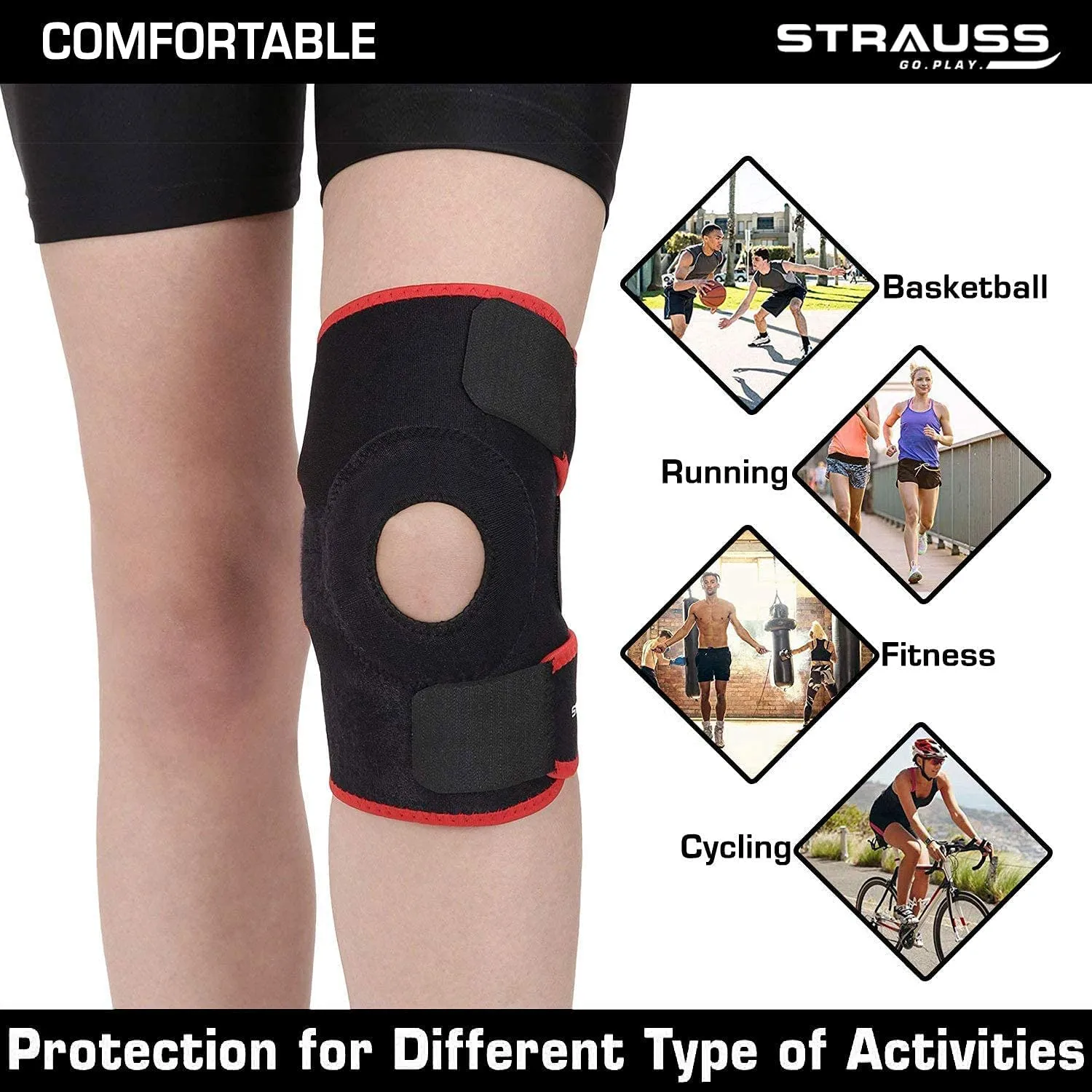 STRAUSS Adjustable Knee Support Patella, Free Size (Black/Red), Pair