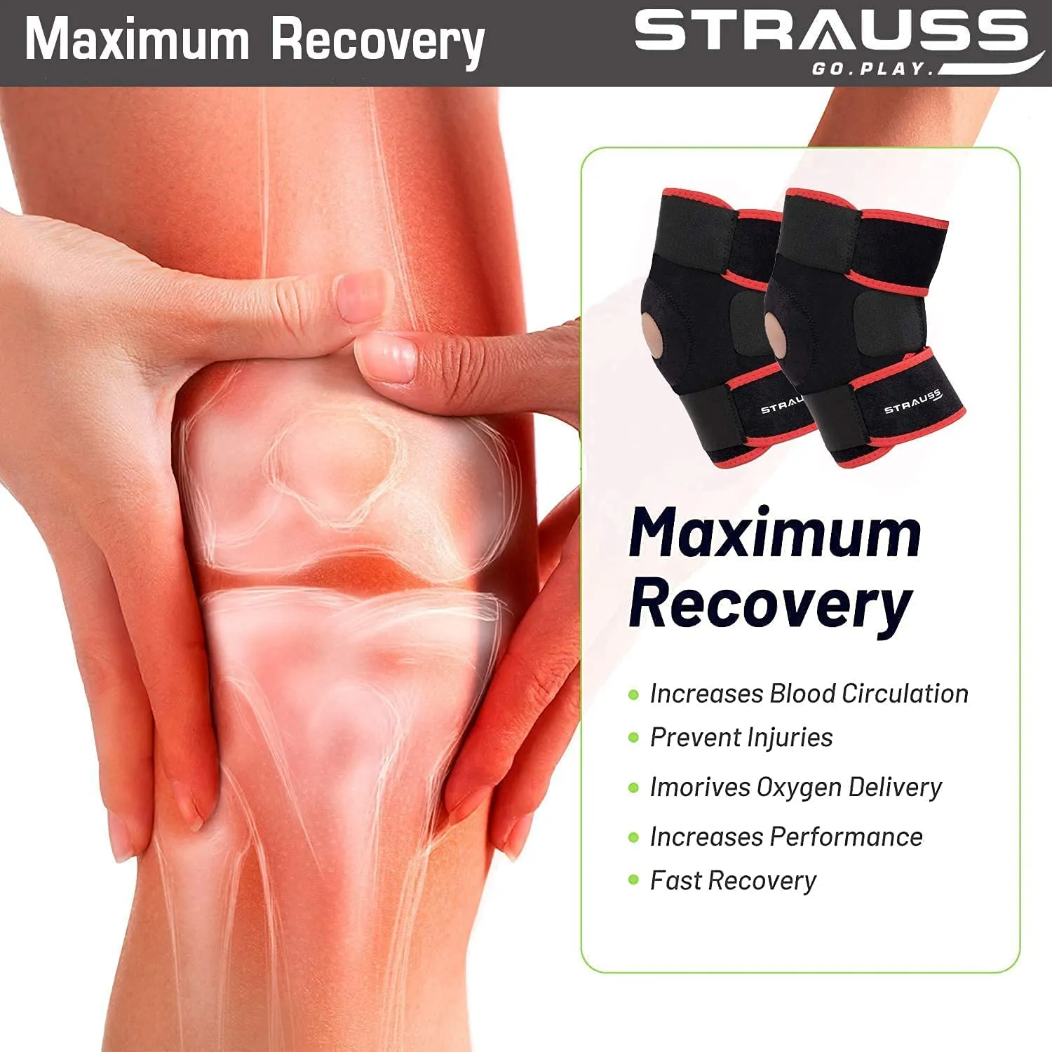 STRAUSS Adjustable Knee Support Patella, Free Size (Black/Red), Pair