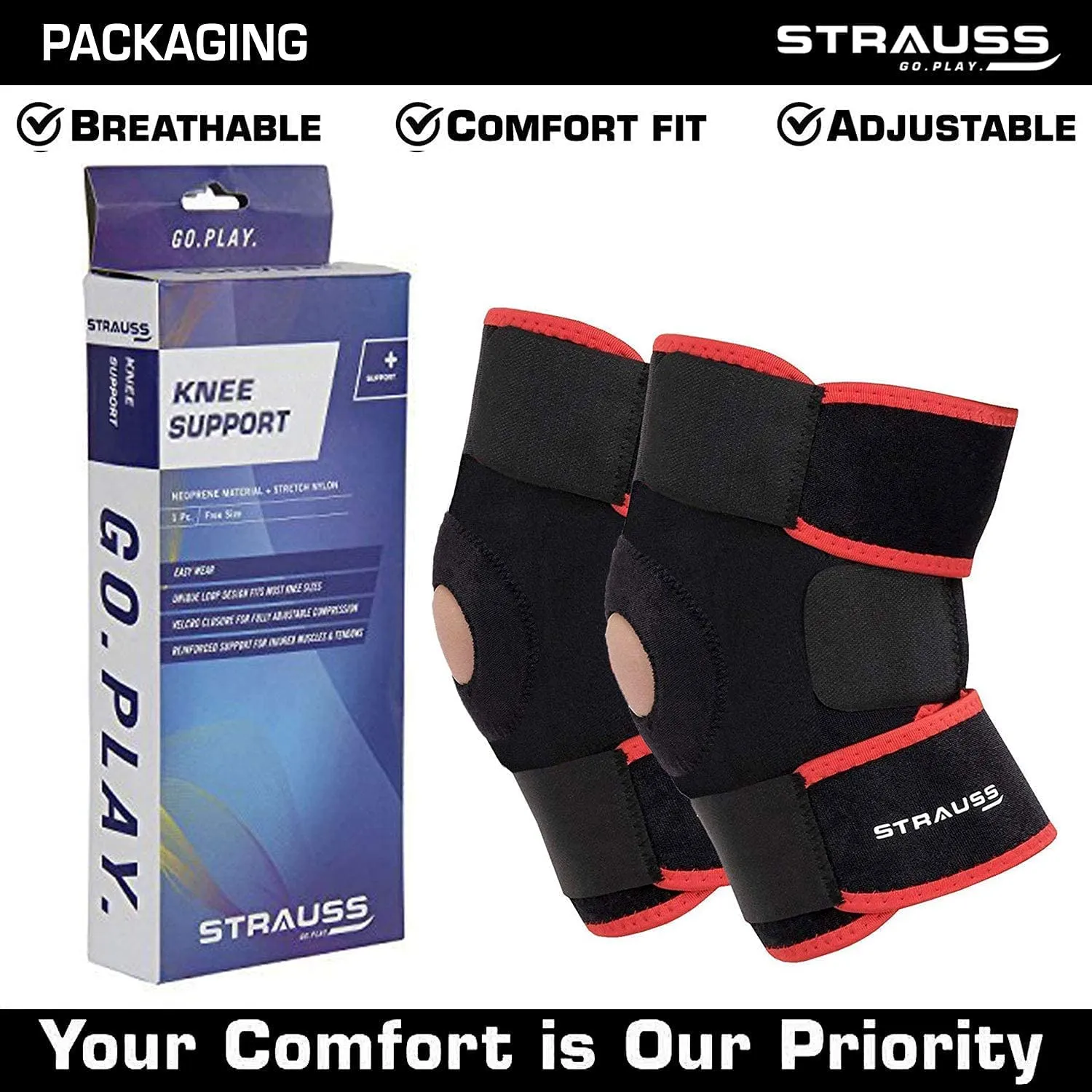 STRAUSS Adjustable Knee Support Patella, Free Size (Black/Red), Pair