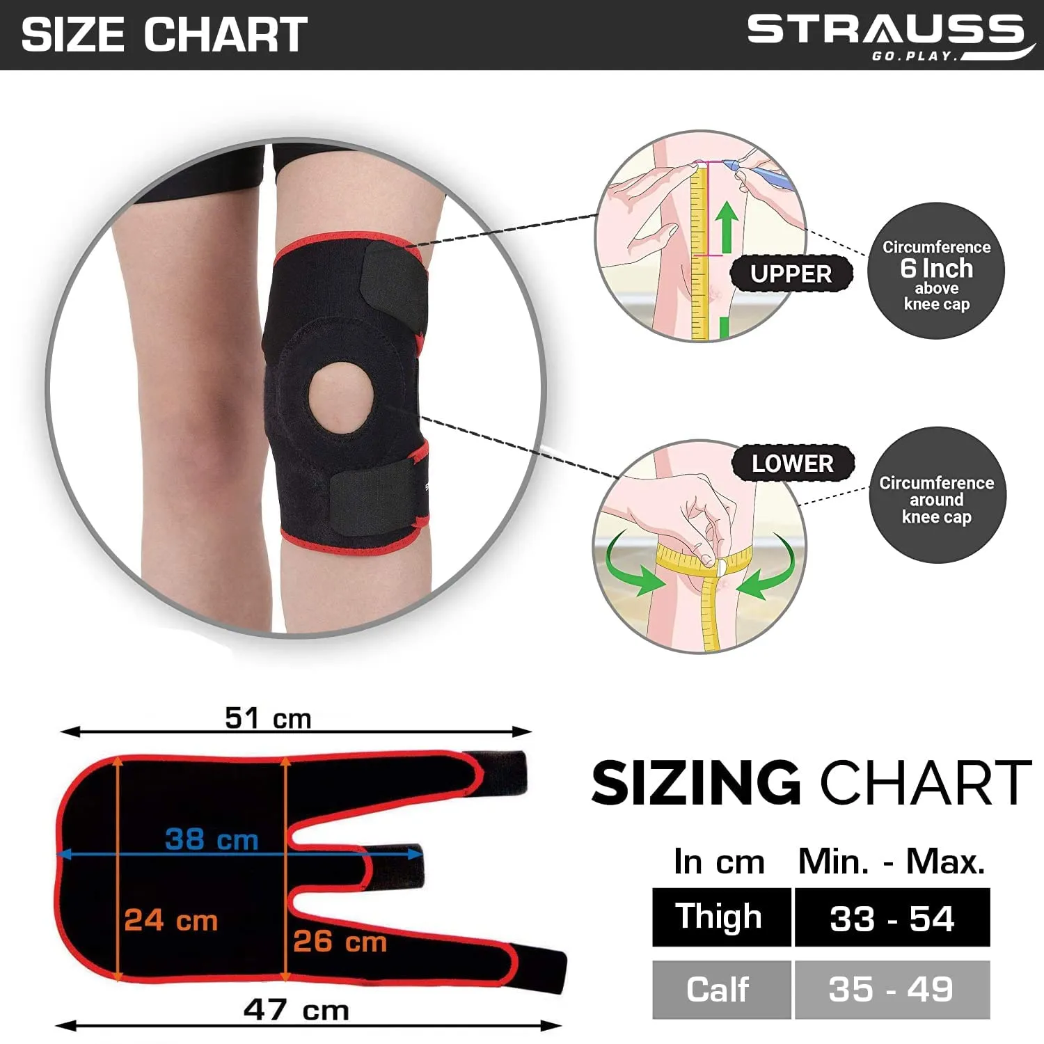 STRAUSS Adjustable Knee Support Patella, Free Size (Black/Red), Pair