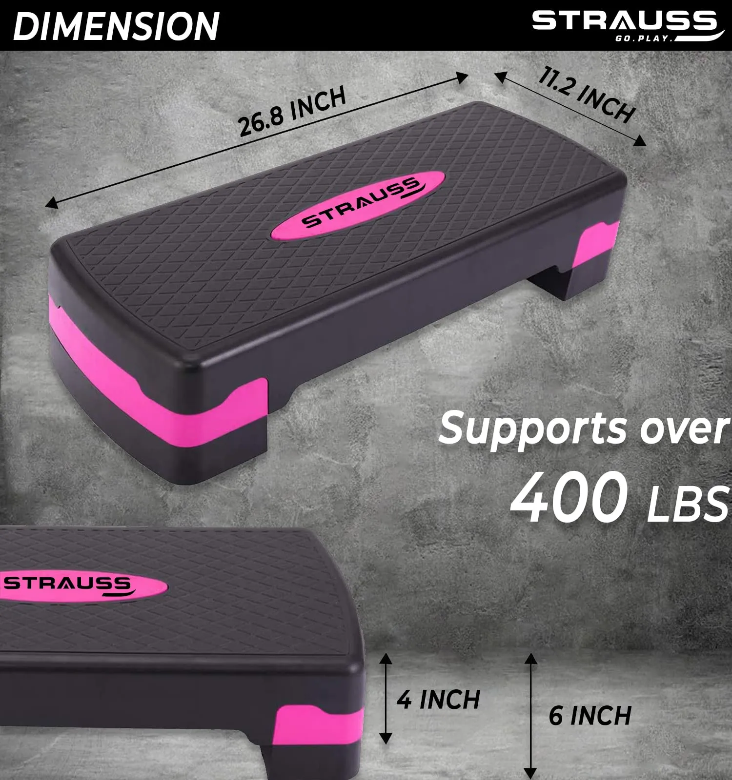 Strauss Aerobic Stepper | Two Height Level Adjustments - 4 inches and 6 inches | Slip-Resistant & Shock Absorbing Platform for Extra-Durability - Supports Upto 200 KG, (Pink)