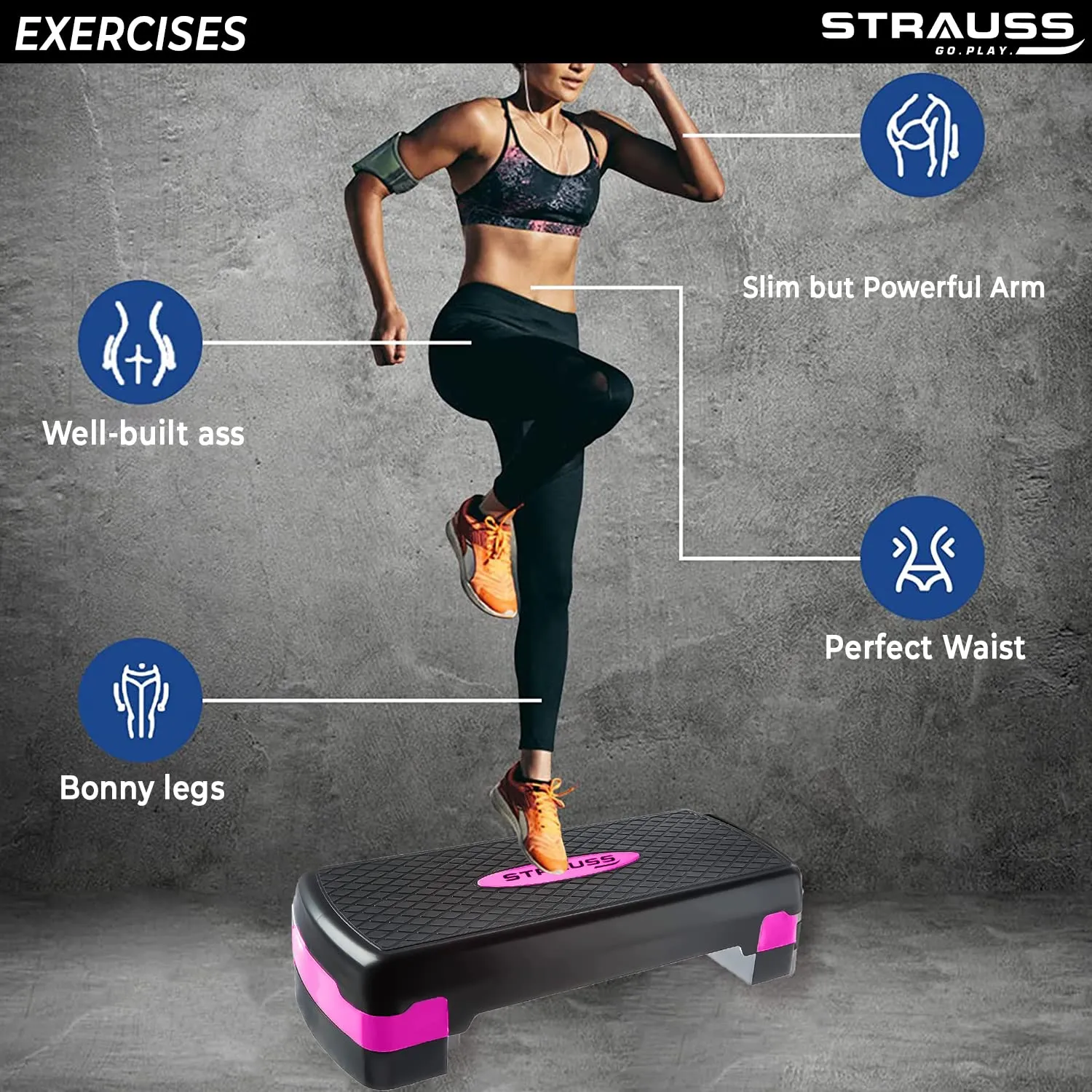 Strauss Aerobic Stepper | Two Height Level Adjustments - 4 inches and 6 inches | Slip-Resistant & Shock Absorbing Platform for Extra-Durability - Supports Upto 200 KG, (Pink)