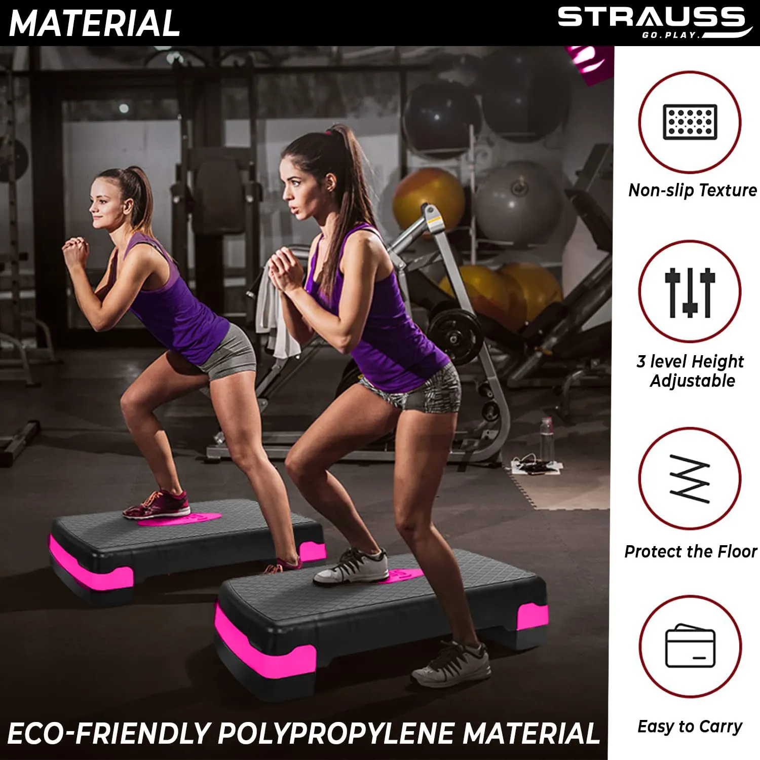 Strauss Aerobic Stepper | Two Height Level Adjustments - 4 inches and 6 inches | Slip-Resistant & Shock Absorbing Platform for Extra-Durability - Supports Upto 200 KG, (Pink)