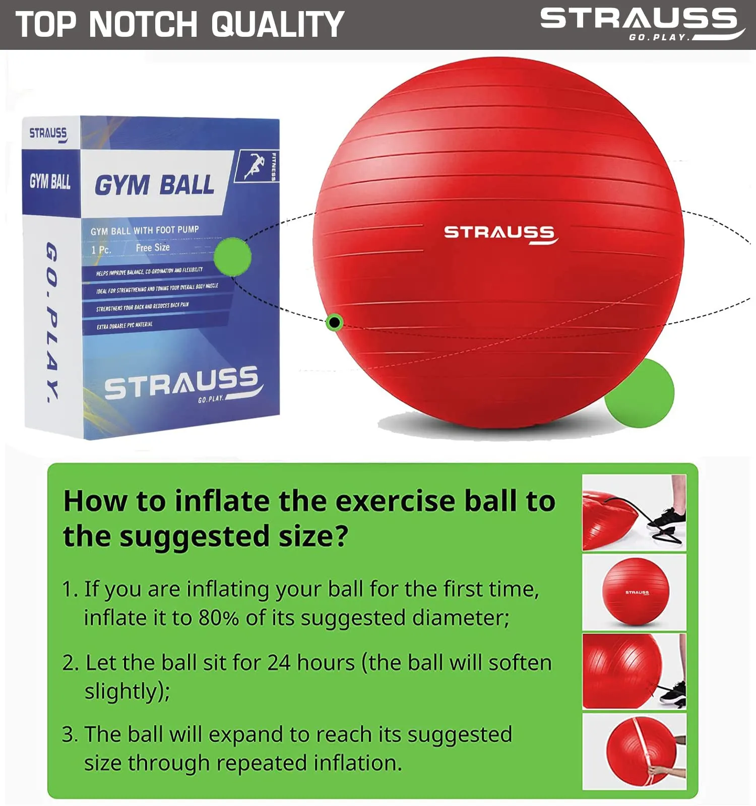 STRAUSS Anti-Burst Rubber Gym Ball with Free Foot Pump | Round Shape Swiss Ball for Exercise, Workout, Yoga, Pregnancy, Birthing, Balance & Stability, 75 cm, (Red)