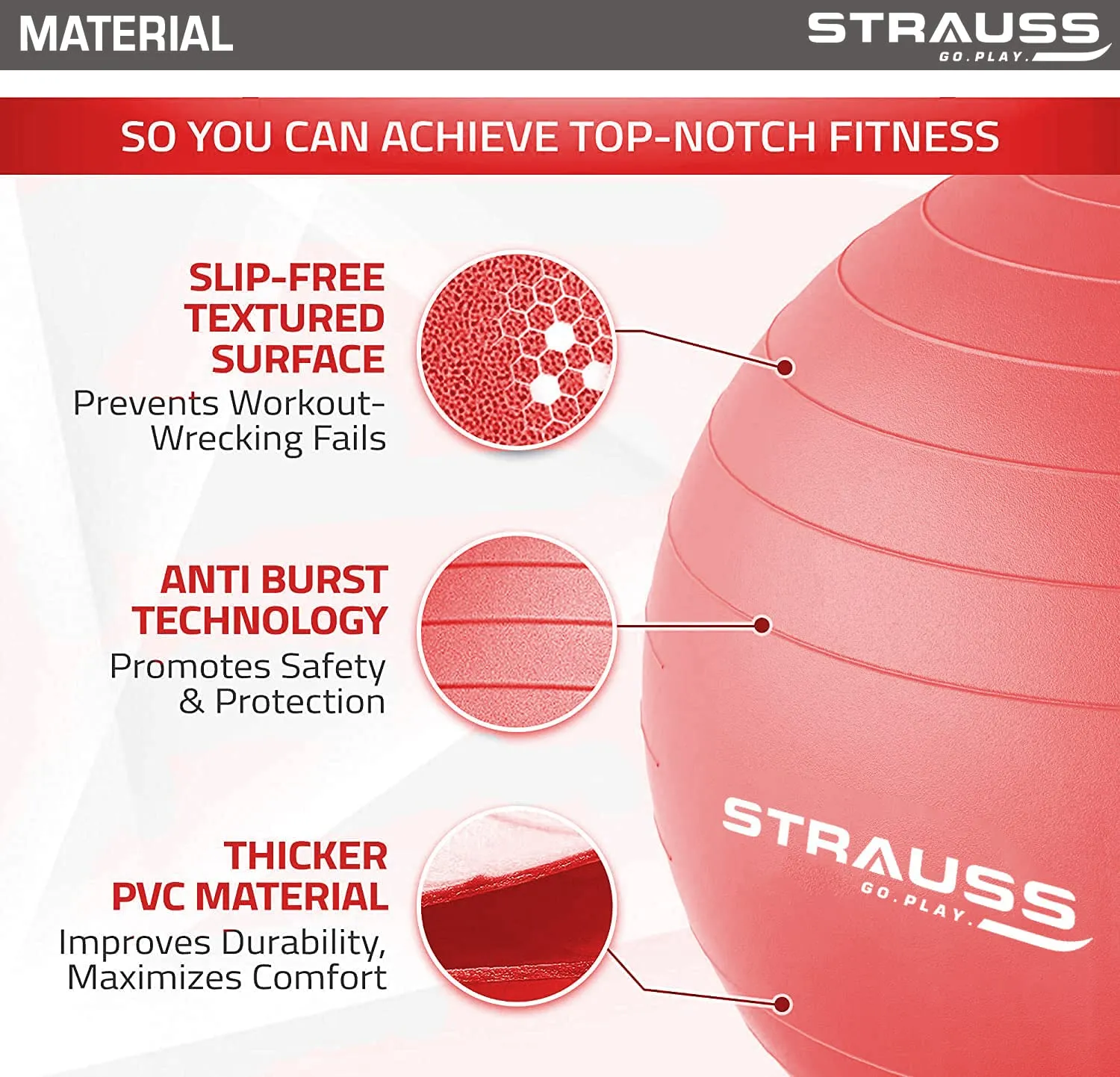 STRAUSS Anti-Burst Rubber Gym Ball with Free Foot Pump | Round Shape Swiss Ball for Exercise, Workout, Yoga, Pregnancy, Birthing, Balance & Stability, 75 cm, (Red)