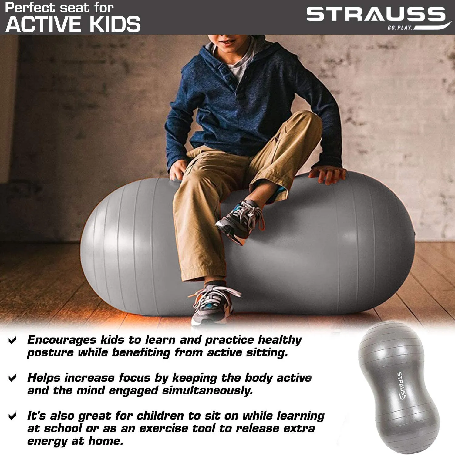 STRAUSS Anti-Burst Rubber Peanut Shape Gym Ball with Free Foot Pump | Round Shape Swiss Ball for Exercise, Workout, Yoga, Pregnancy, Birthing, Balance & Stability, 95x45 cm, (Grey)