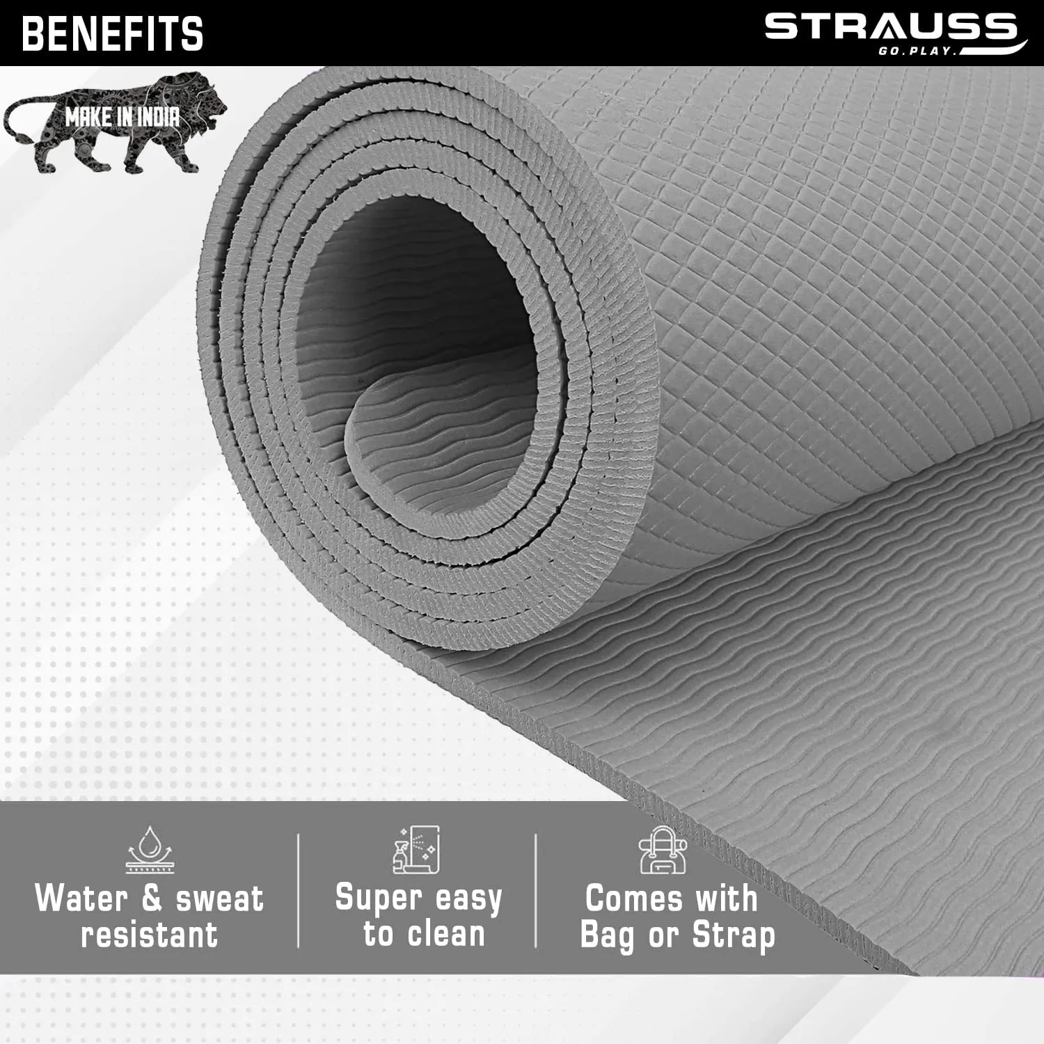 Strauss Anti Skid EVA Yoga Mat with Carry Bag, 4mm, (Grey)