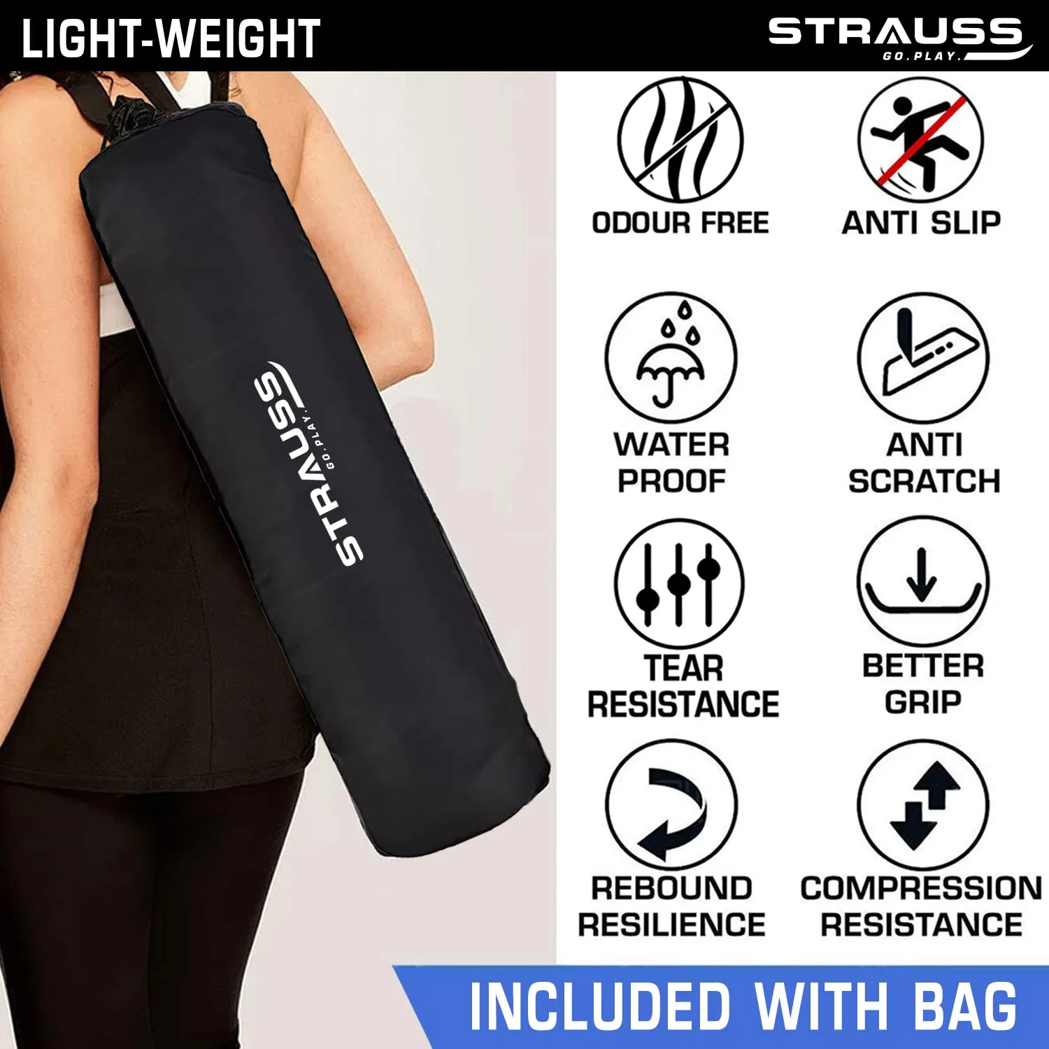 Strauss Anti Skid EVA Yoga Mat with Carry Bag, 4mm, (Grey)