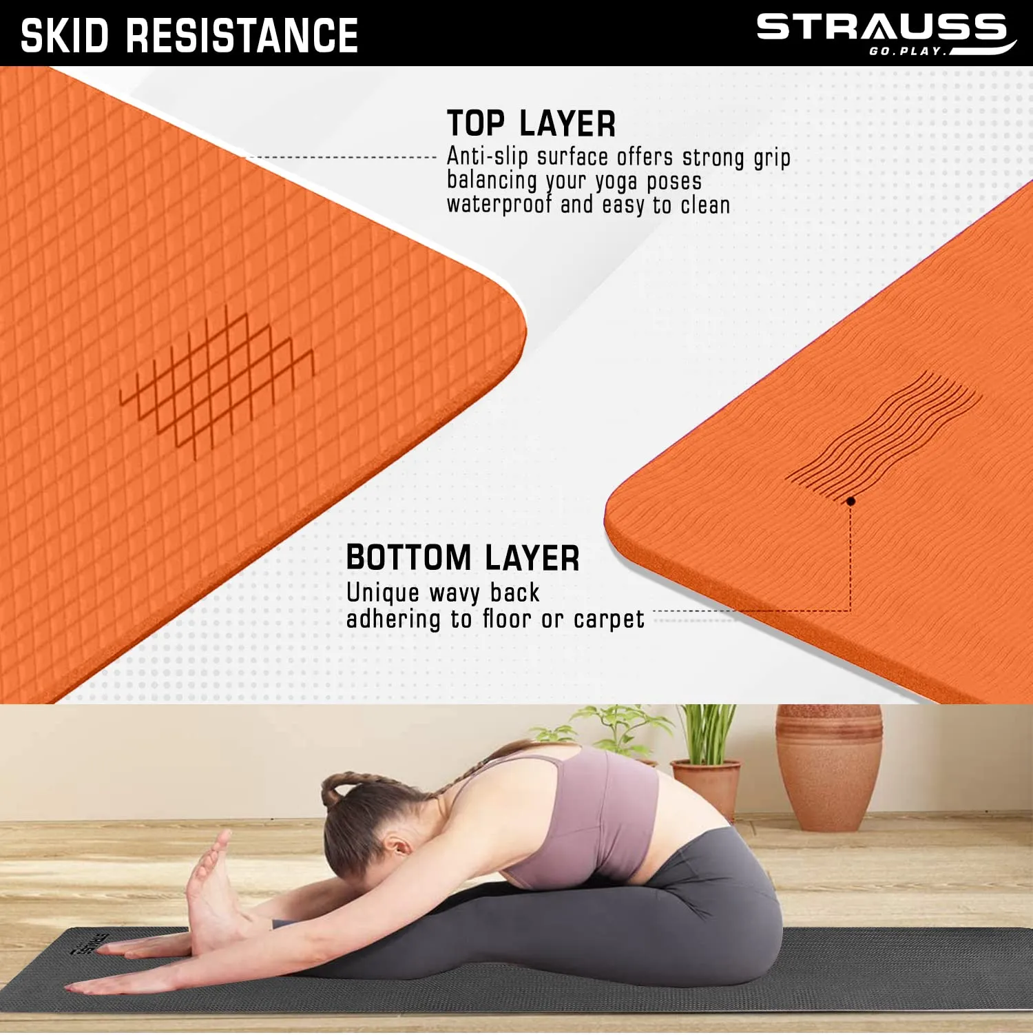 Strauss Anti Skid EVA Yoga Mat with Carry Bag, 4mm, (Orange)