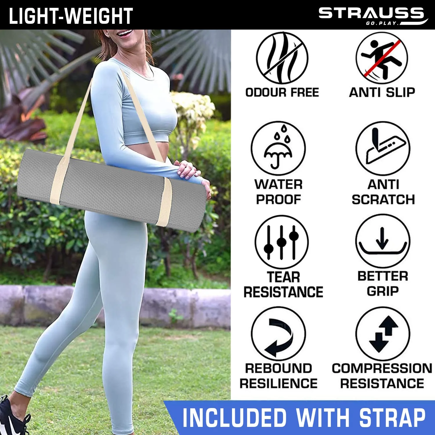 Strauss Anti Skid EVA Yoga Mat with Carry Strap, 6mm, (Grey)