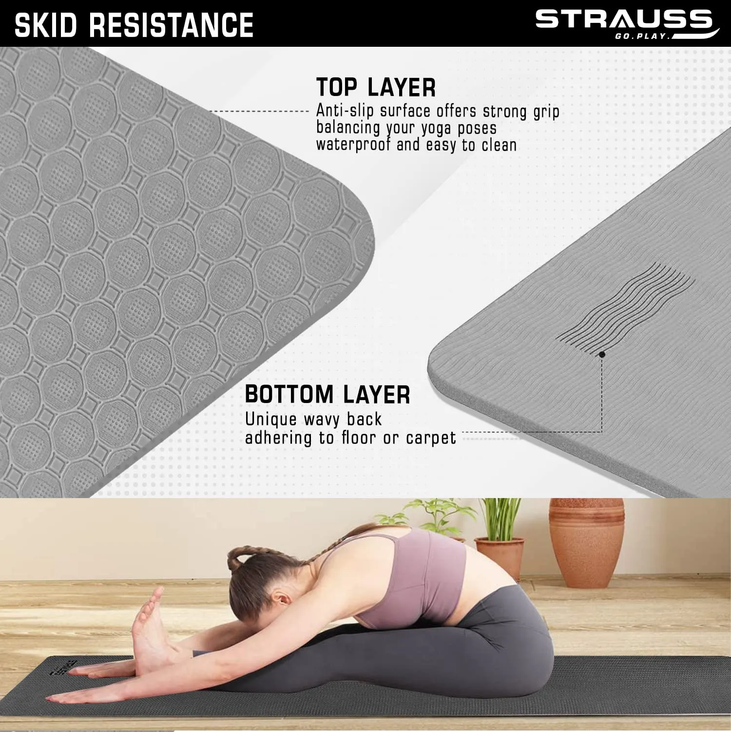 Strauss Anti Skid TPE Yoga Mat with Carry Bag, 4mm, (Grey)