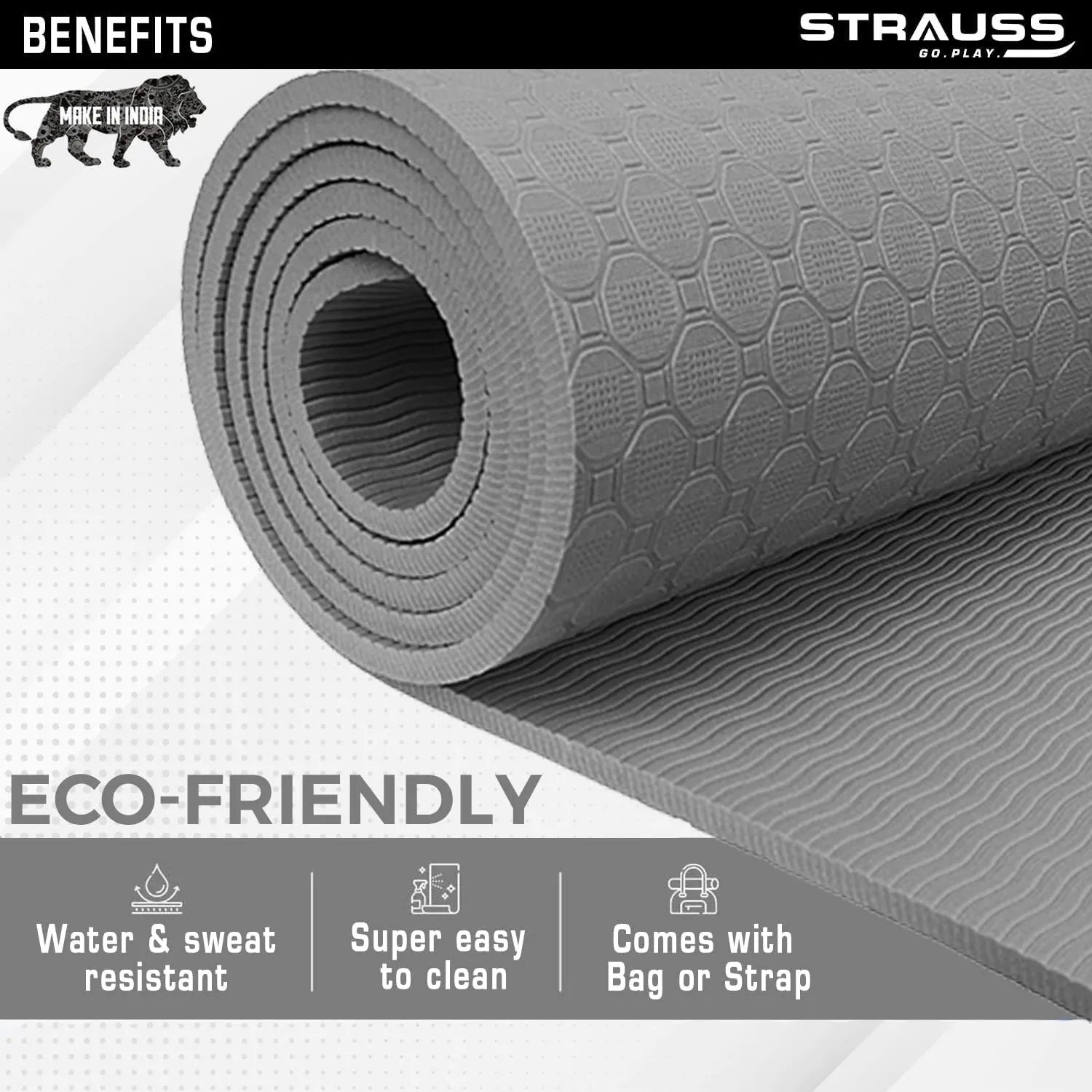 Strauss Anti Skid TPE Yoga Mat with Carry Bag, 8mm, (Grey)