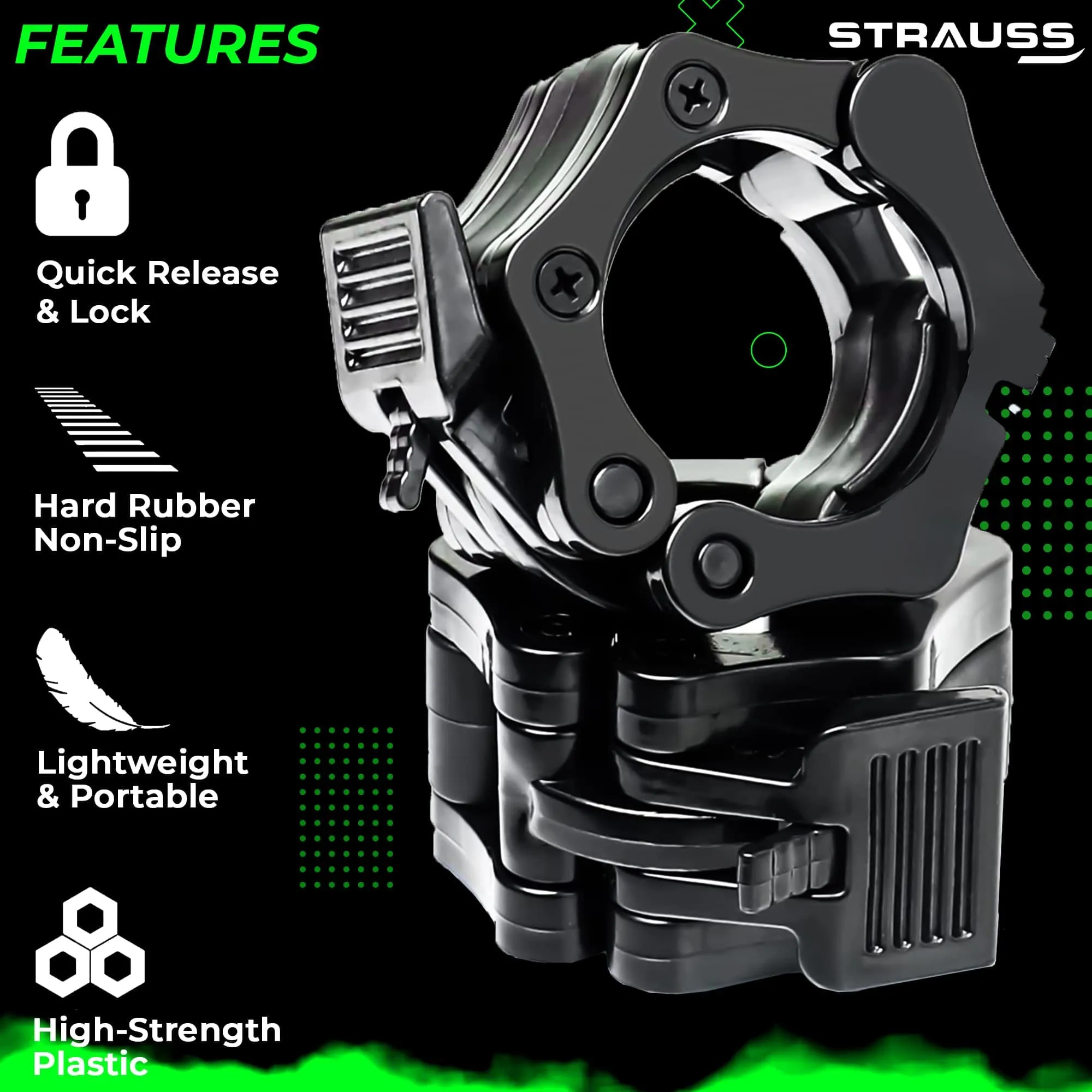 Strauss Barbell Lock Collar | Multi-Function Power Cage Rack Crossfit Attachment| J-Hook | Weight Plate Holder | Gym Equipment Ideal for Workout, Weightlifting, Fitness & Strength Training,(Black)