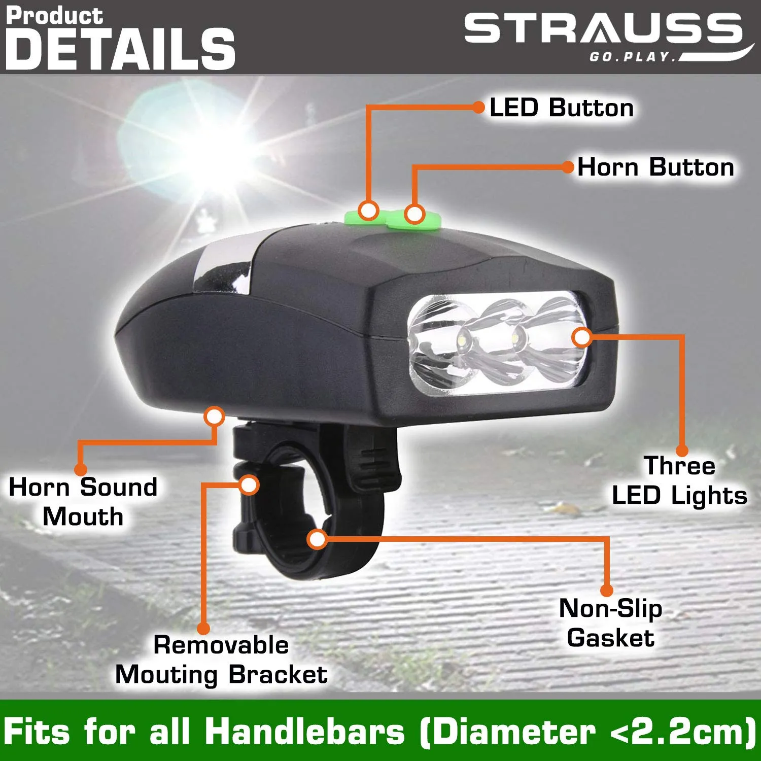 Strauss Bicycle Bottle Holder (Black) and Bicycle LED Headlight with Horn