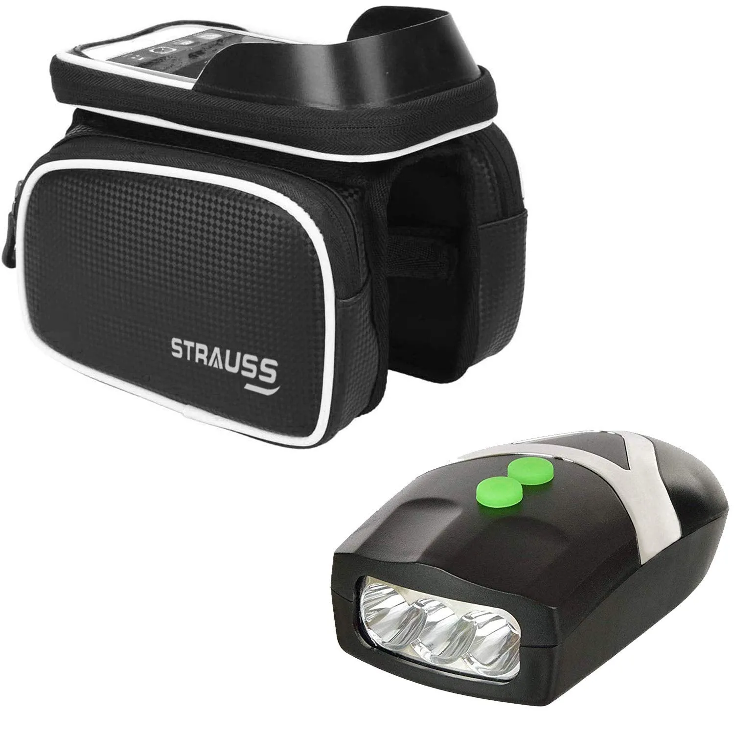 Strauss Bicycle Frame Bag, (Black) and Bicycle LED Headlight with Horn