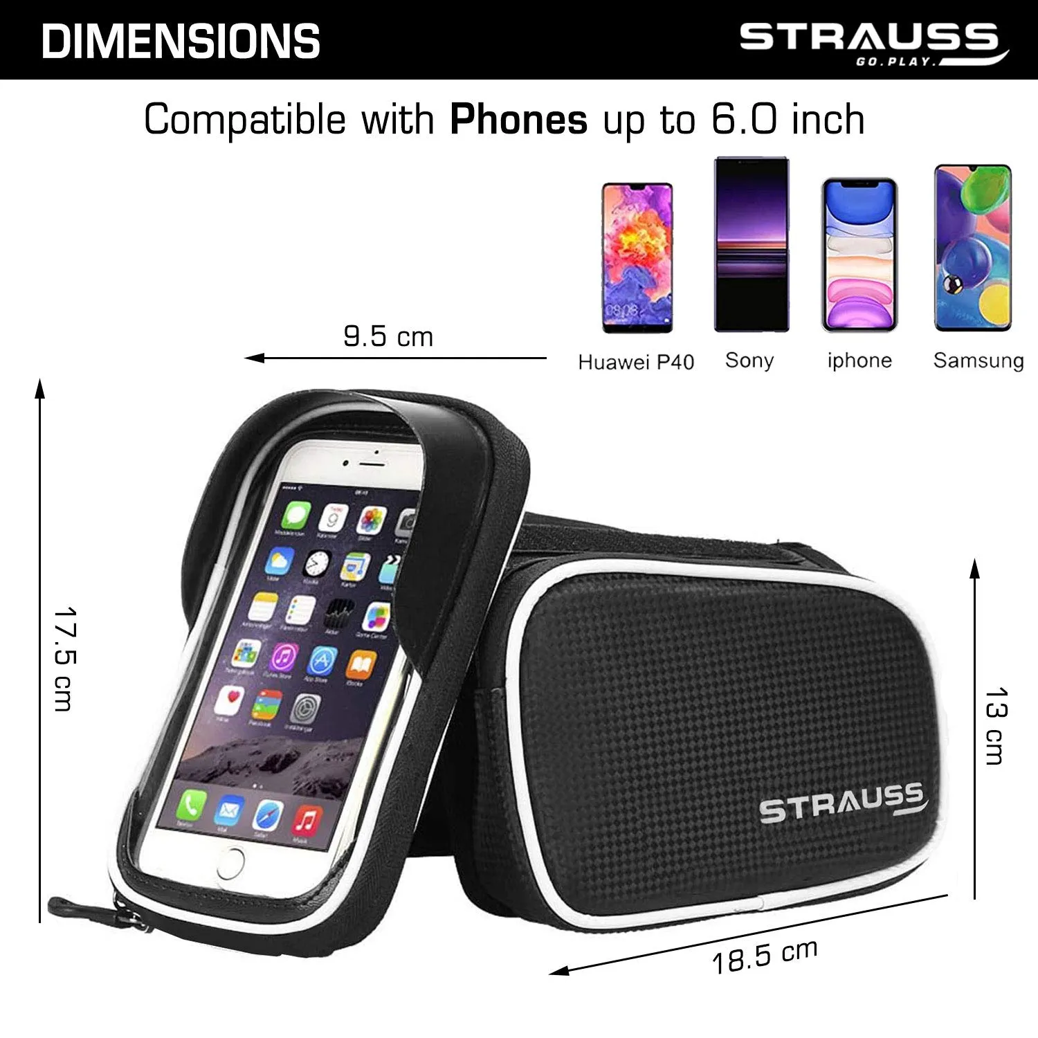 Strauss Bicycle Frame Bag, (Black) and Bicycle LED Headlight with Horn