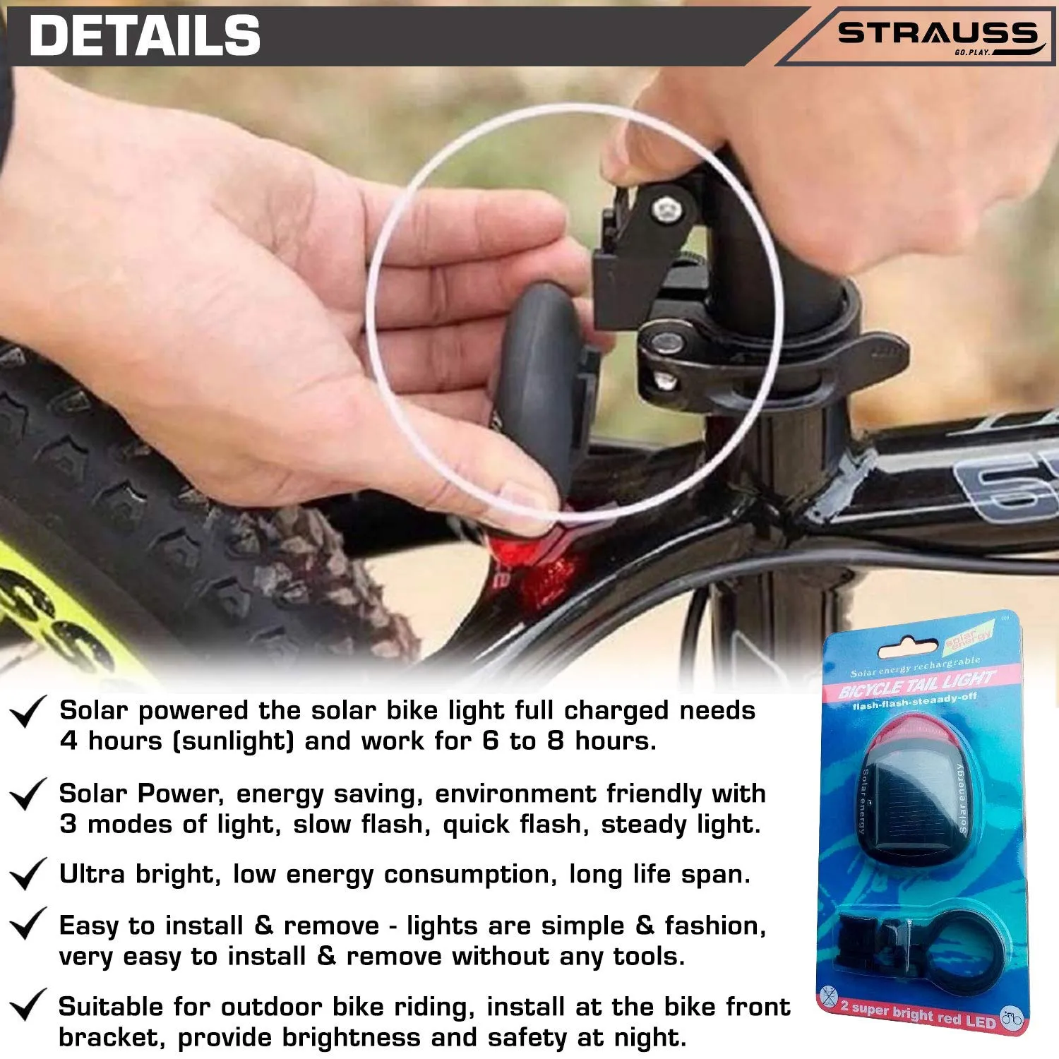 Strauss Bicycle LED Headlight with Horn and Bicycle Solar Tail Light