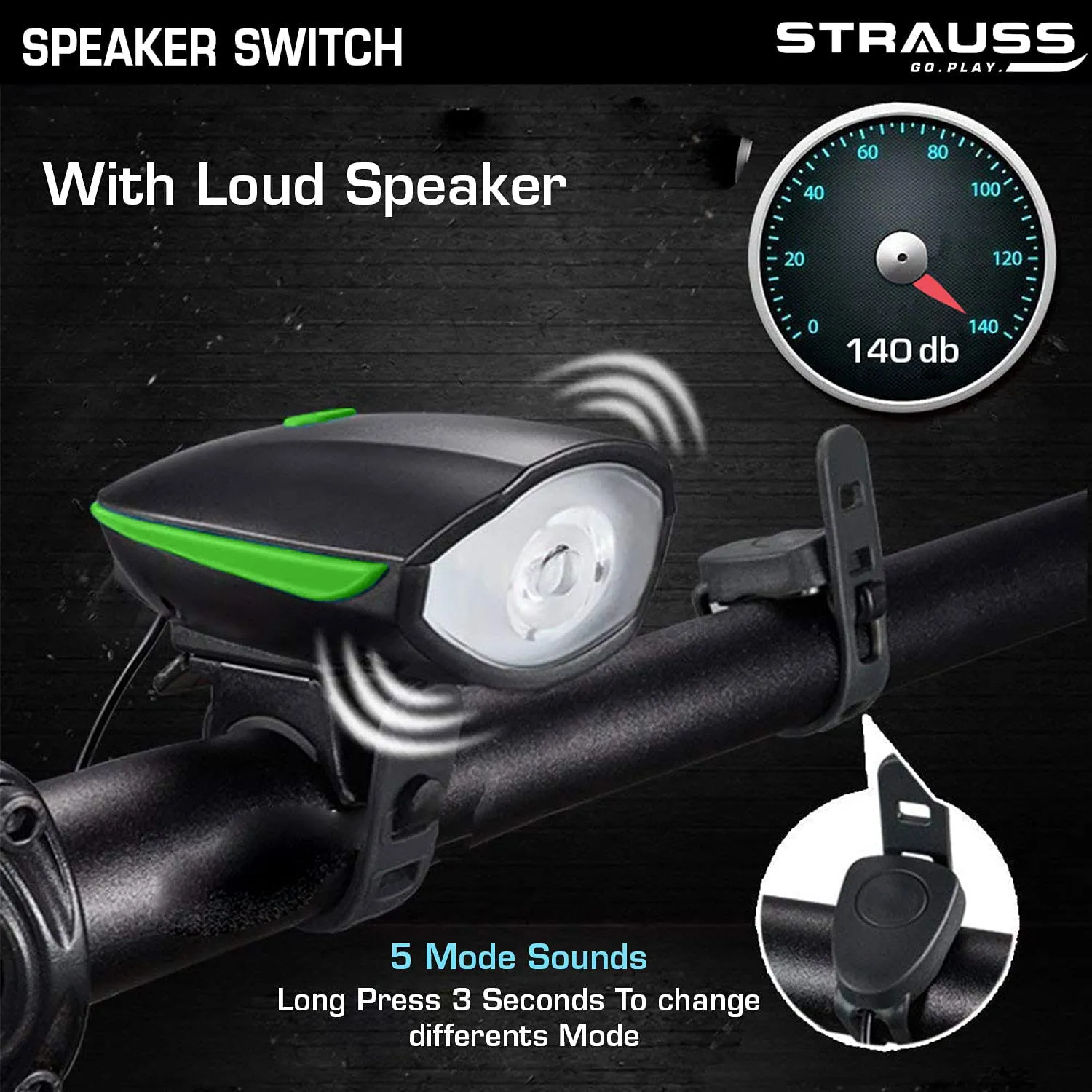 Strauss Bicycle LED Headlight with Horn | Horn Lamp, Bike Headlight & Bicycle Horn | Rechargeable Universal Adjustable Front Head Light | 2 in 1 Device,(Green)