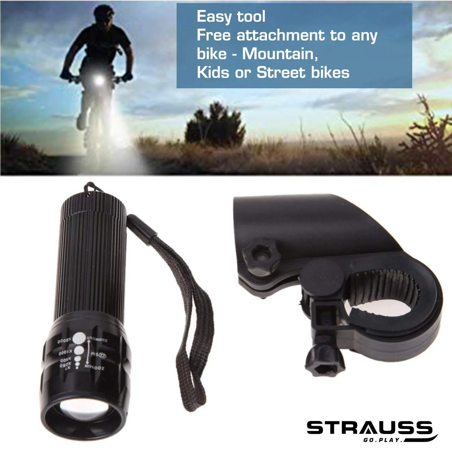 Strauss Bicycle Zoom LED Torch with Mount Holder and Bicycle Bottle Holder (Black)