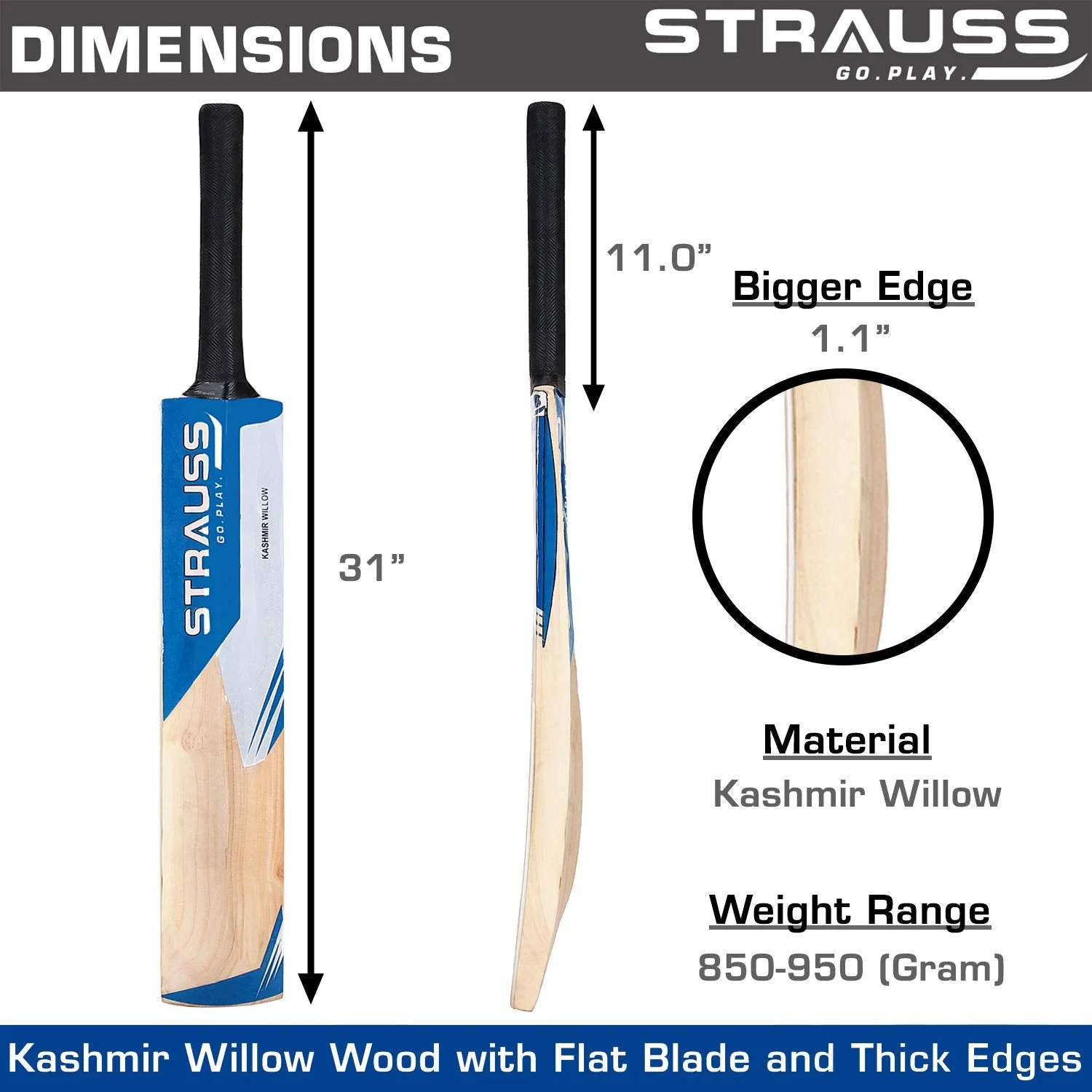 Strauss Cricket Bat | Edition: Super | Kashmir Willow | Size: 4 | Tennis & Synthetic Ball Cricket Bat | Tennis Cricket Bat