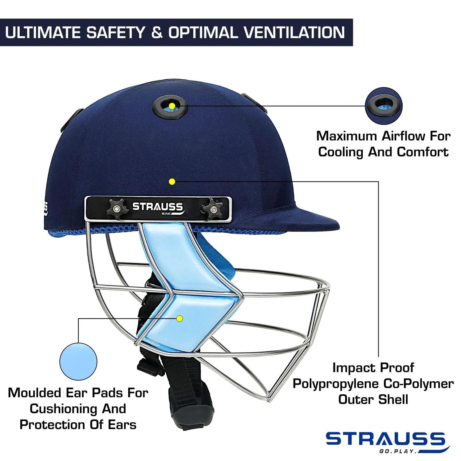 Strauss Cricket Helmet | Steel Grill | Edition: Classic | Size: Medium | Age: 15 yrs | Color: Blue | for Men, Women | Lightweight | Advance Protection | Leather Ball Cricket Helmet